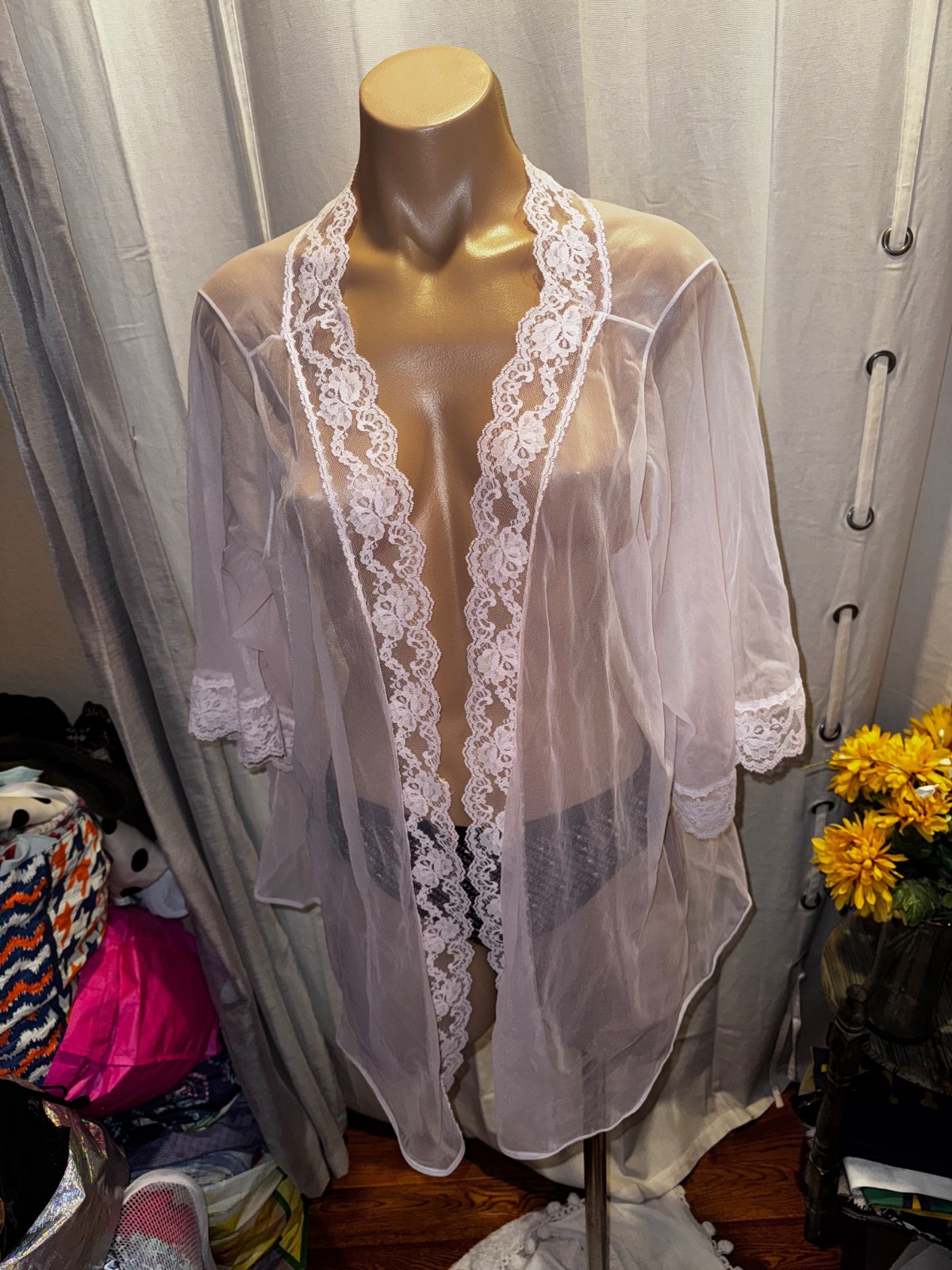 Vtg Pandora Lingerie by Chic Sheer Lace Trim Kimono Robe Baby Pink Sz XL