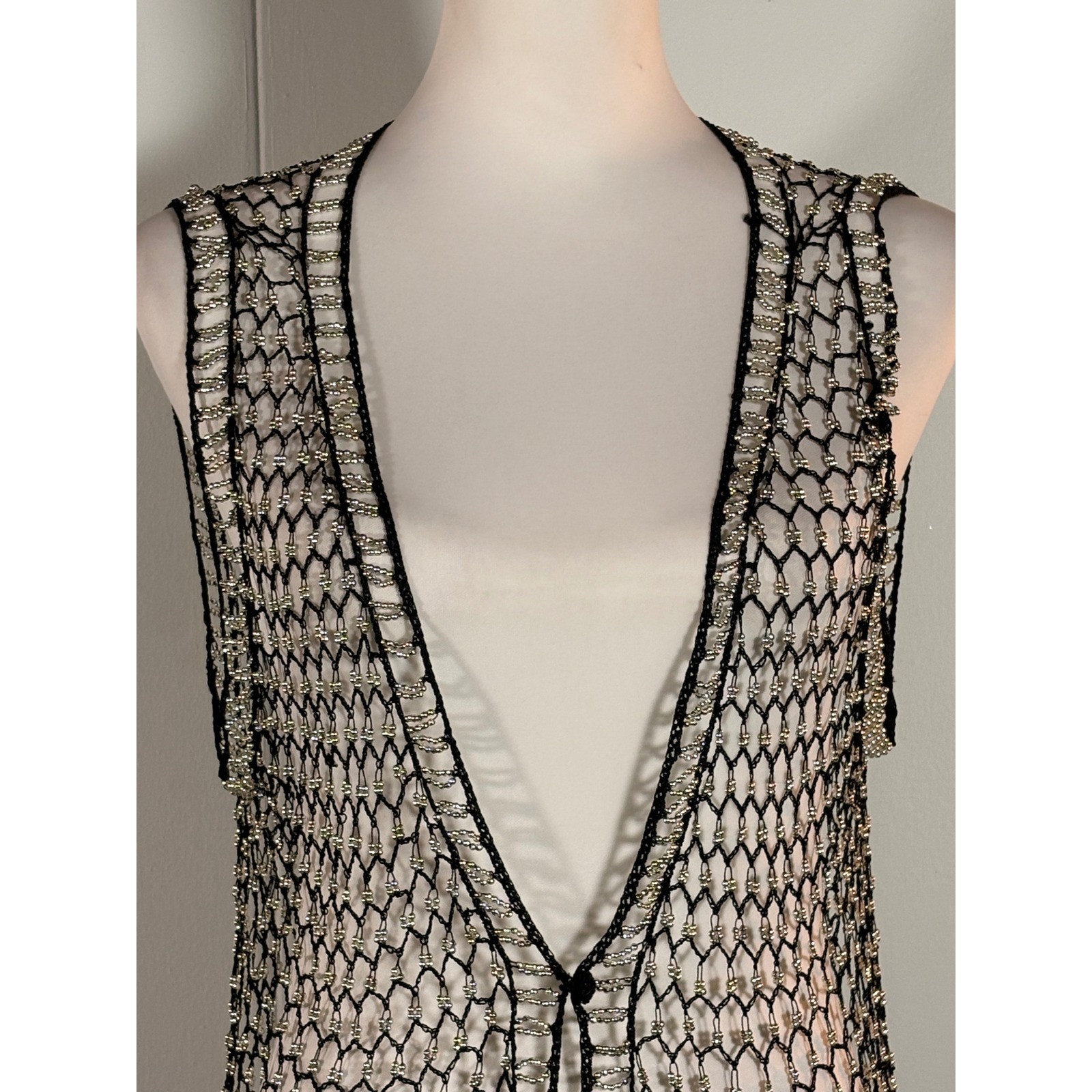 Vintage 90s Crochet Beaded Vest Women&rsquo;s M Boho Hippie Retro Goth Glam Festival