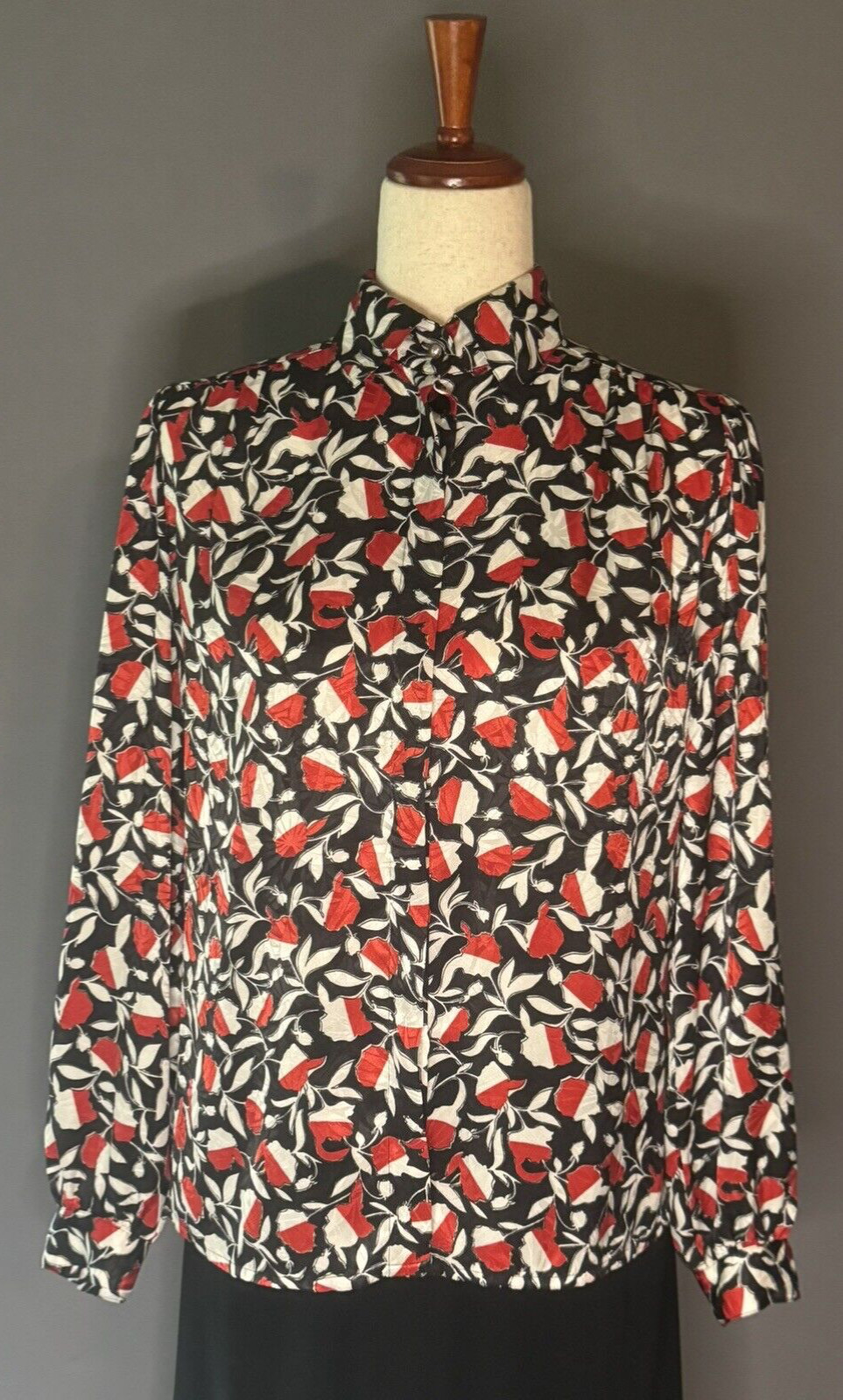 Lloyd Williams Vintage Blouse Black Red White Satin Polyester Size 4