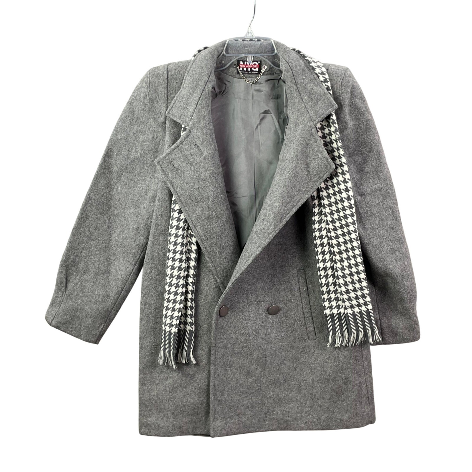New York Girl Pea Coat Women&rsquo;s 10 Grey Vintage Houndstooth Scarf Double Breasted