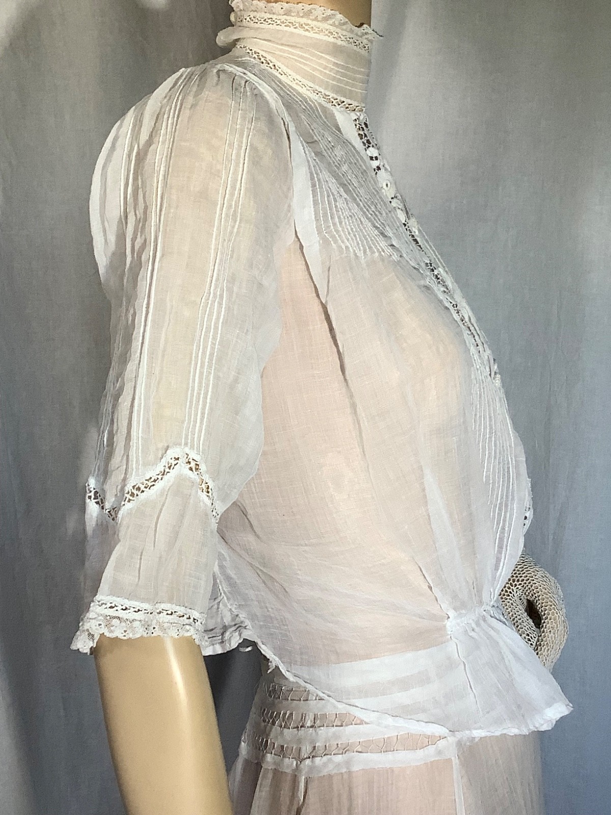 antique Edwardian blouse Top white Cotton lace M heirloom High neck 3/4 sleeve