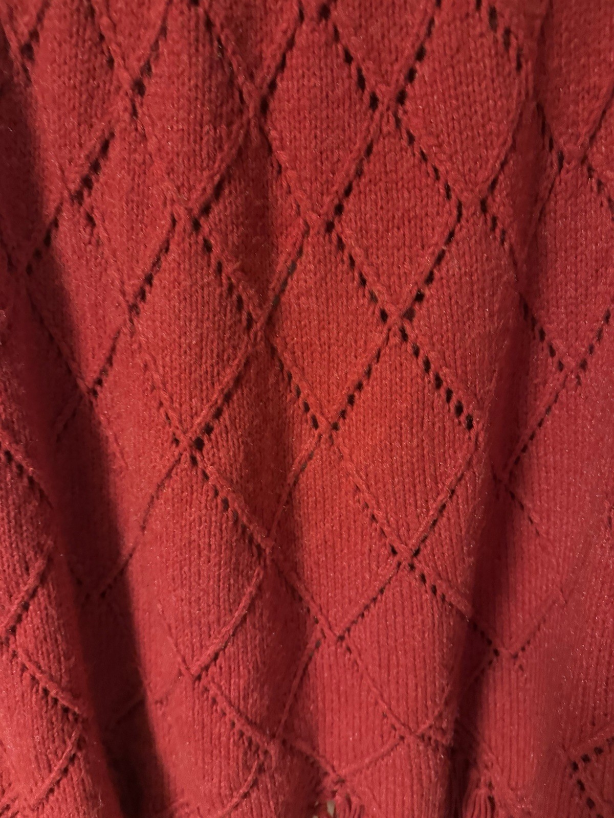 Vintage 1960-1970’s Red Hand Knit One Of A Kind Caplete With Fringe DiamondLace