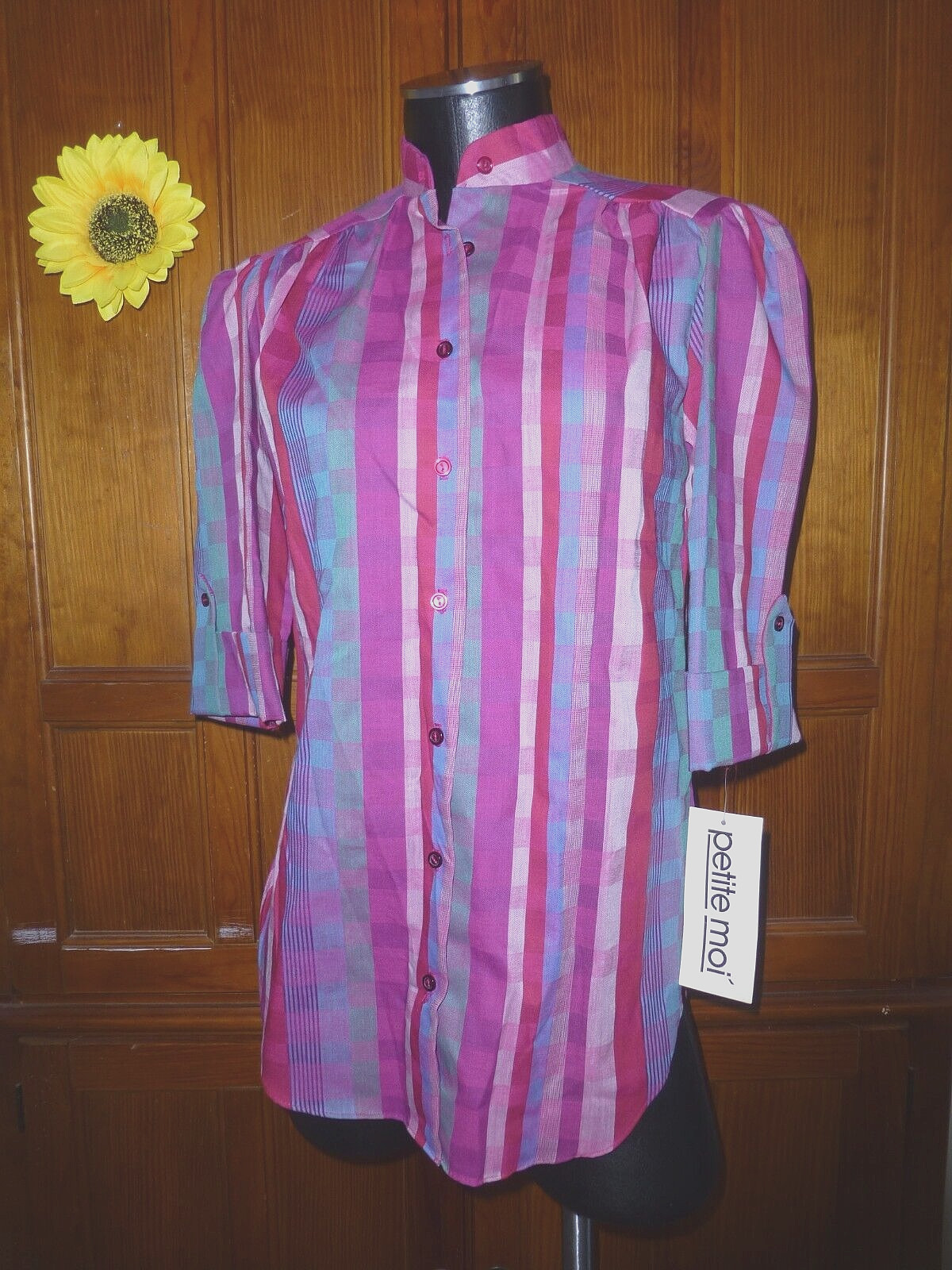 New Tag Vtg 80s Berry Green Check Geo stripe Secretary Boho Tunic Top Blouse NOS