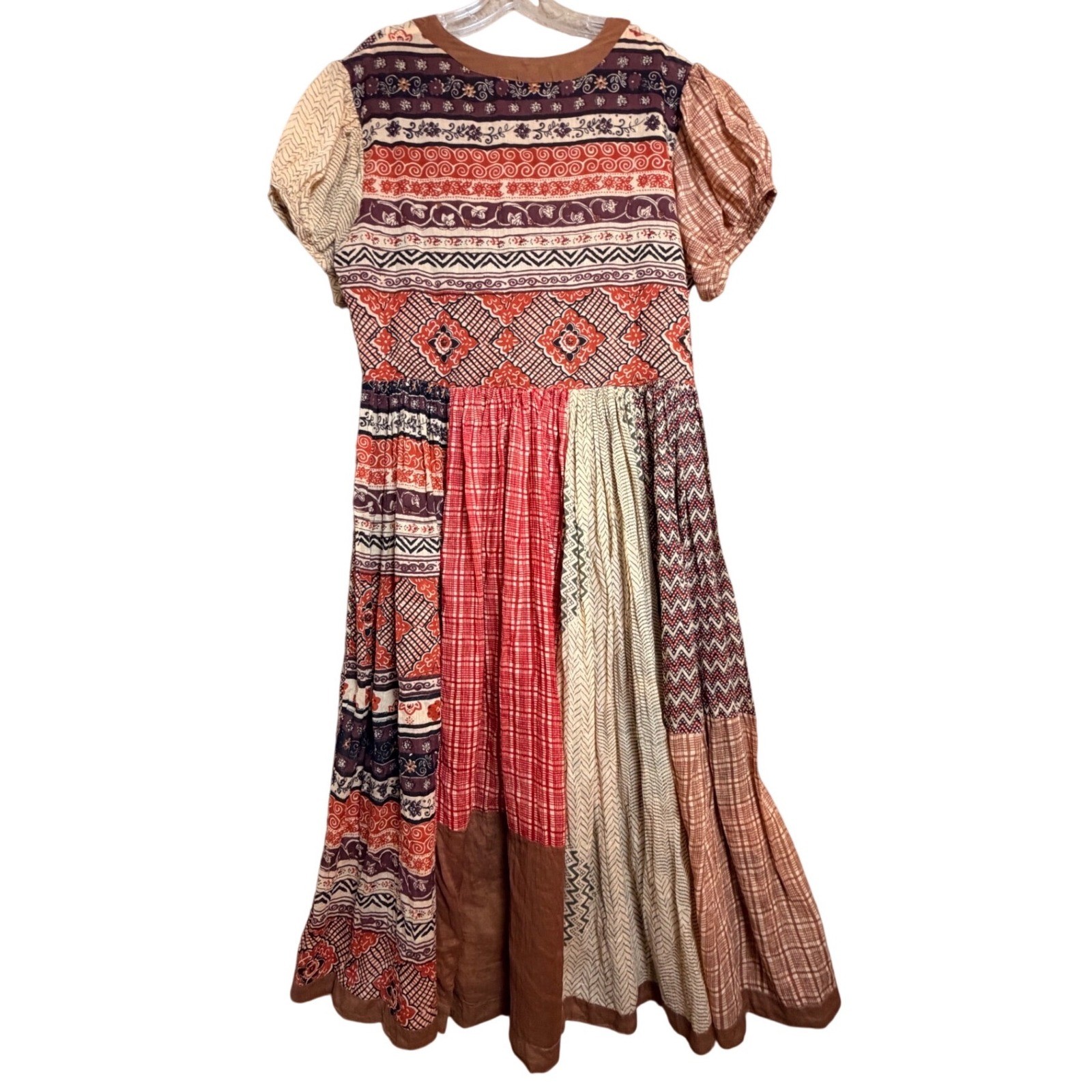 Vintage St Tropez India Patchwork Cotton Peasant Babydoll Midi Dress L Boho