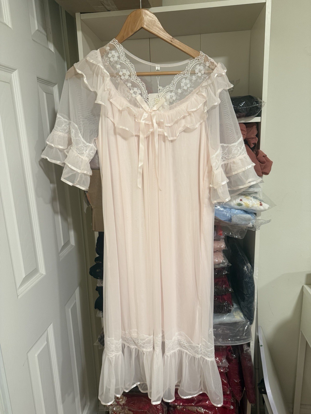 E9 Vintage Sheer Ruffle Nightgown Lace Trim Midi Dress Soft Pink Romantic