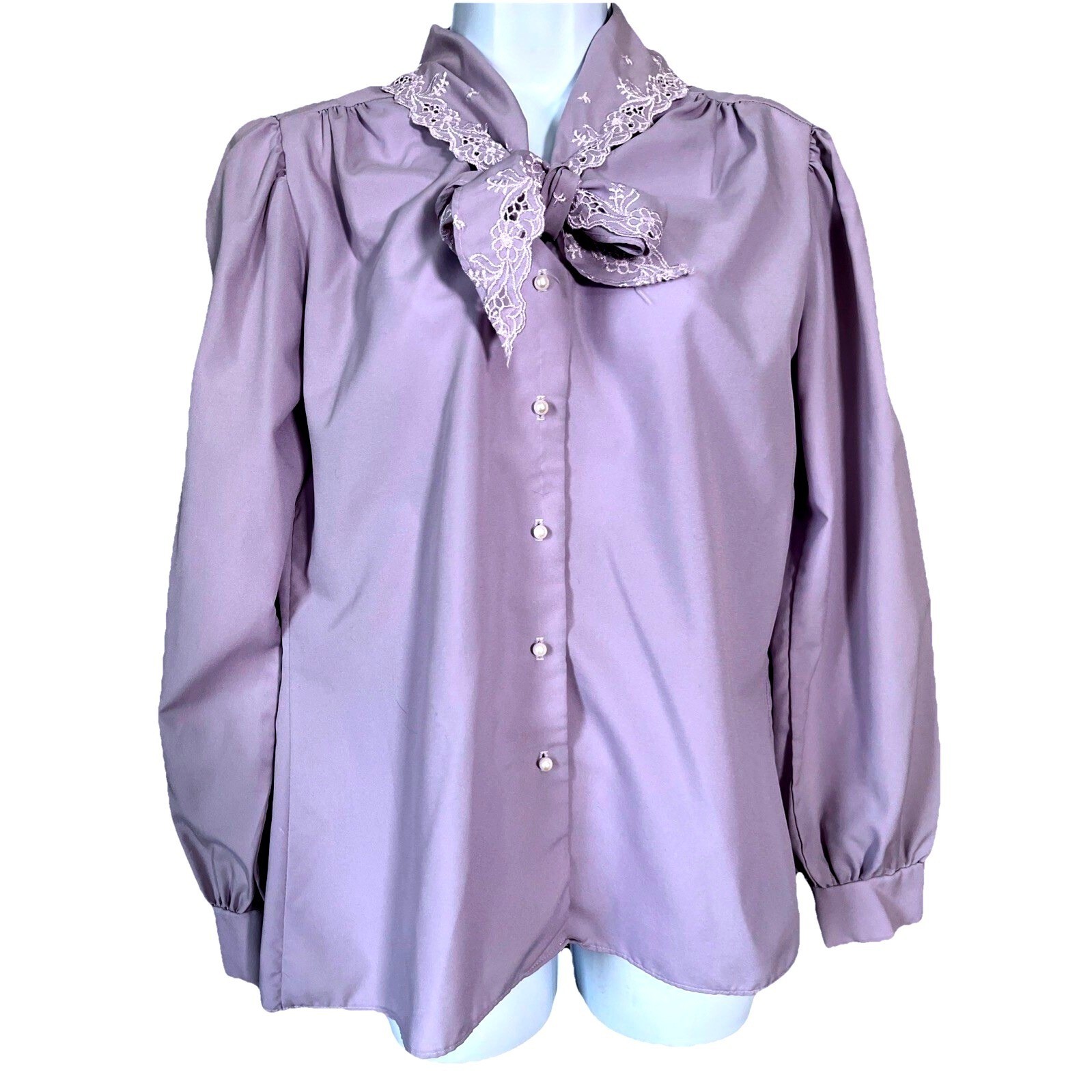 Vintage Laura Mae Blouse Womens L Lavender Ruffle Bow Neck Tie Lace Puff Sleeve
