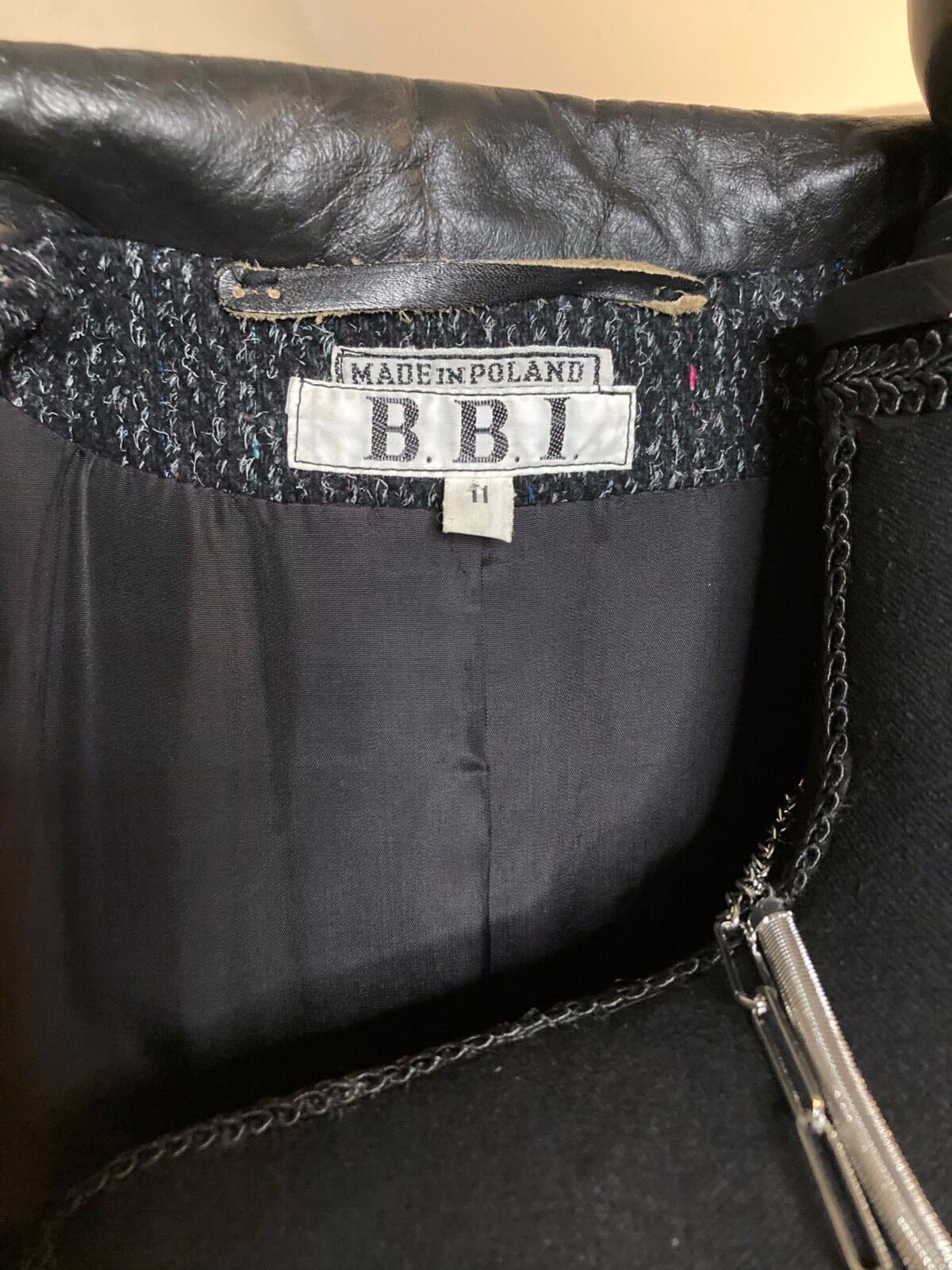 BBI Black Women&rsquo;s Vintage Textured Tweed Wool Overcoat w/ Leather Trim L XL 