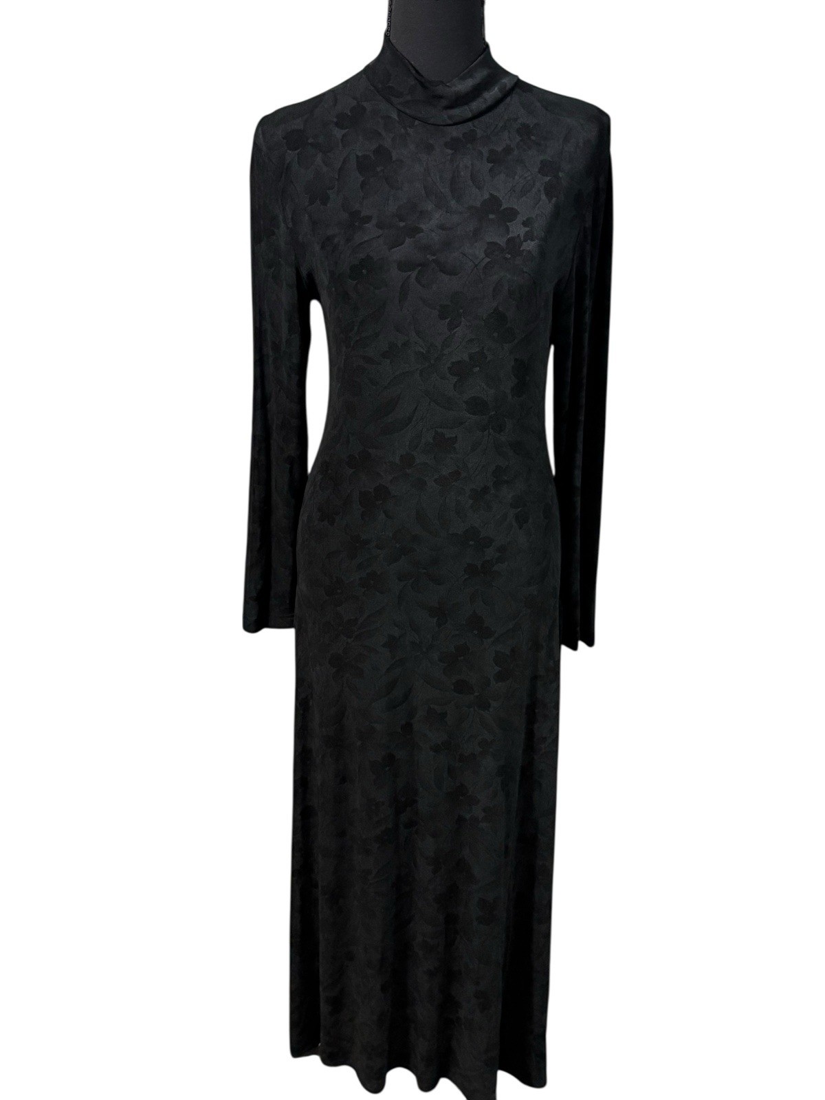 VTG Goth Grunge Witchy Slinky Long Black Dress 1990’s Floral Imprint USA Sz 6
