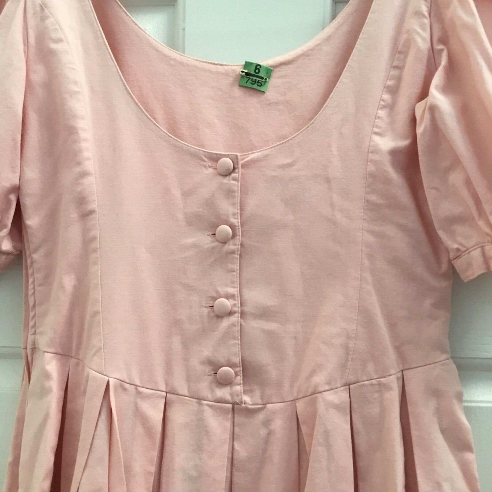 LAURA ASHLEY MIDI DRESS SIZE 12 SOLID PALE PINK SS BACK BUTTON SIDE ZIP CTN EUC