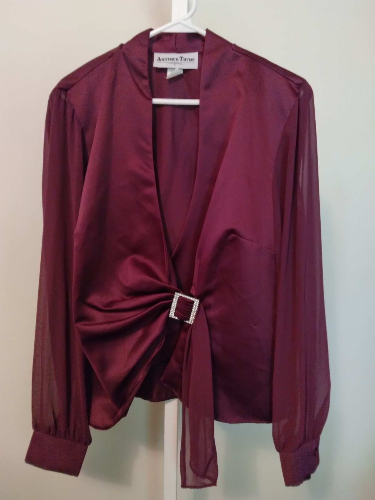 Another Thyme Vintage Plum Wine Sheer Sleeve Satiny Blouse 80s Size 20W Sexy