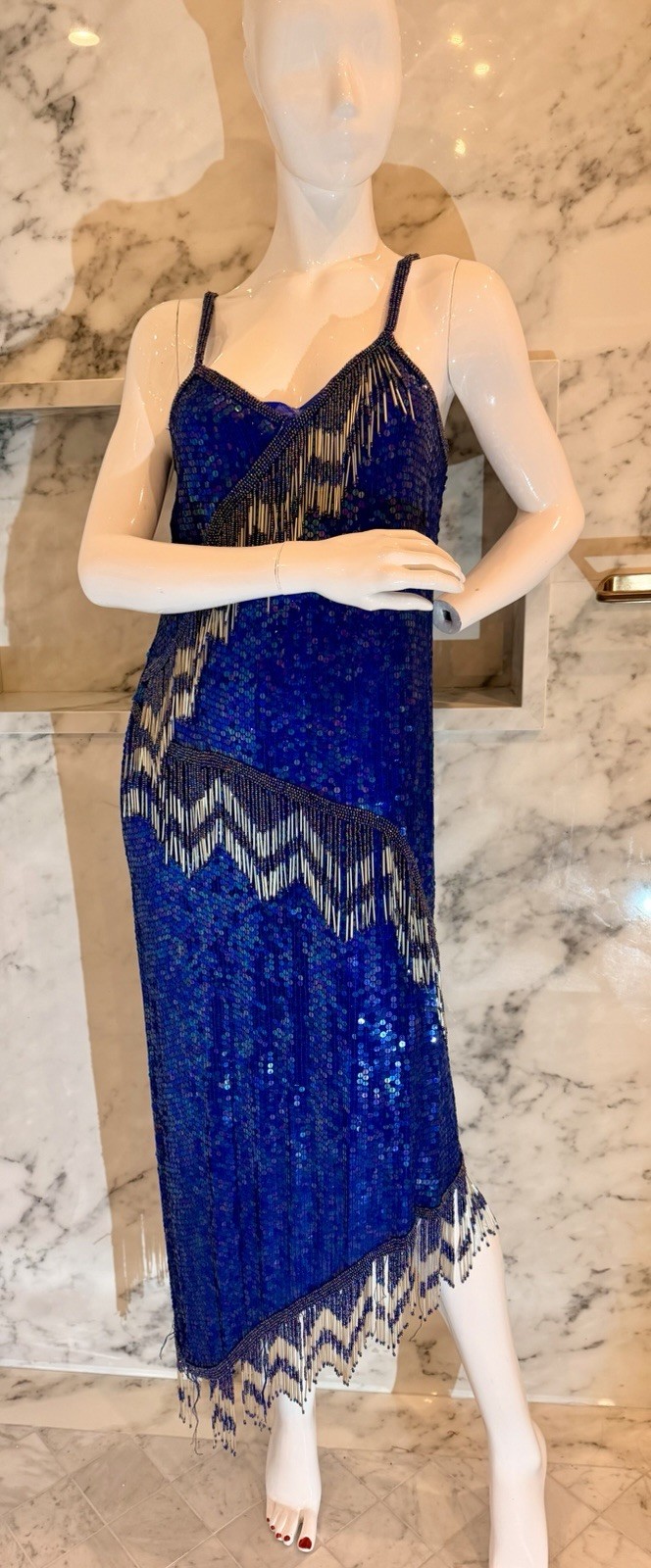 Vintage Laurence Kazar Blue Sequin Beaded Silk Cocktail Dress Fringe Art Deco M