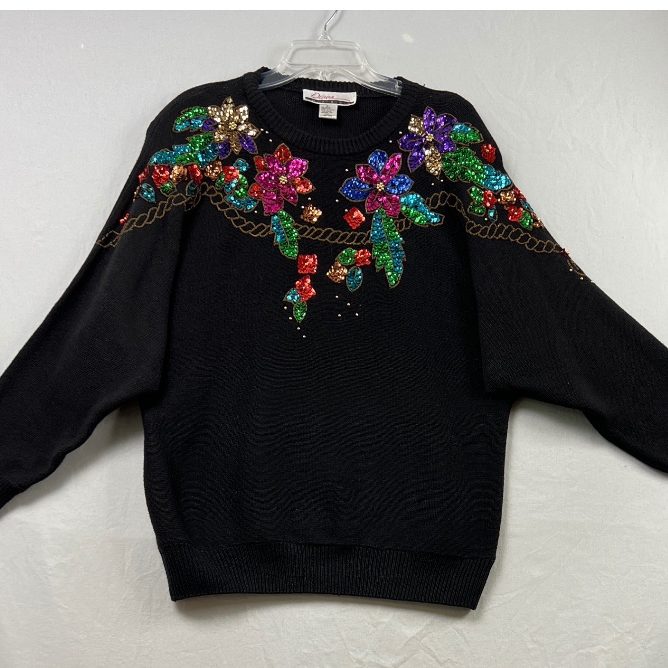 Vintage Diana Marco Sequin Floral Sweater Womens 20 Black Beaded Ramie Cotton