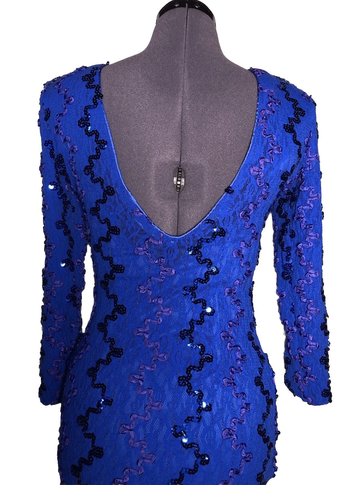 Vtg 90s Dress Blue Sequin Body Con Cocktail Evening Date Ribbon Lace Sequins S