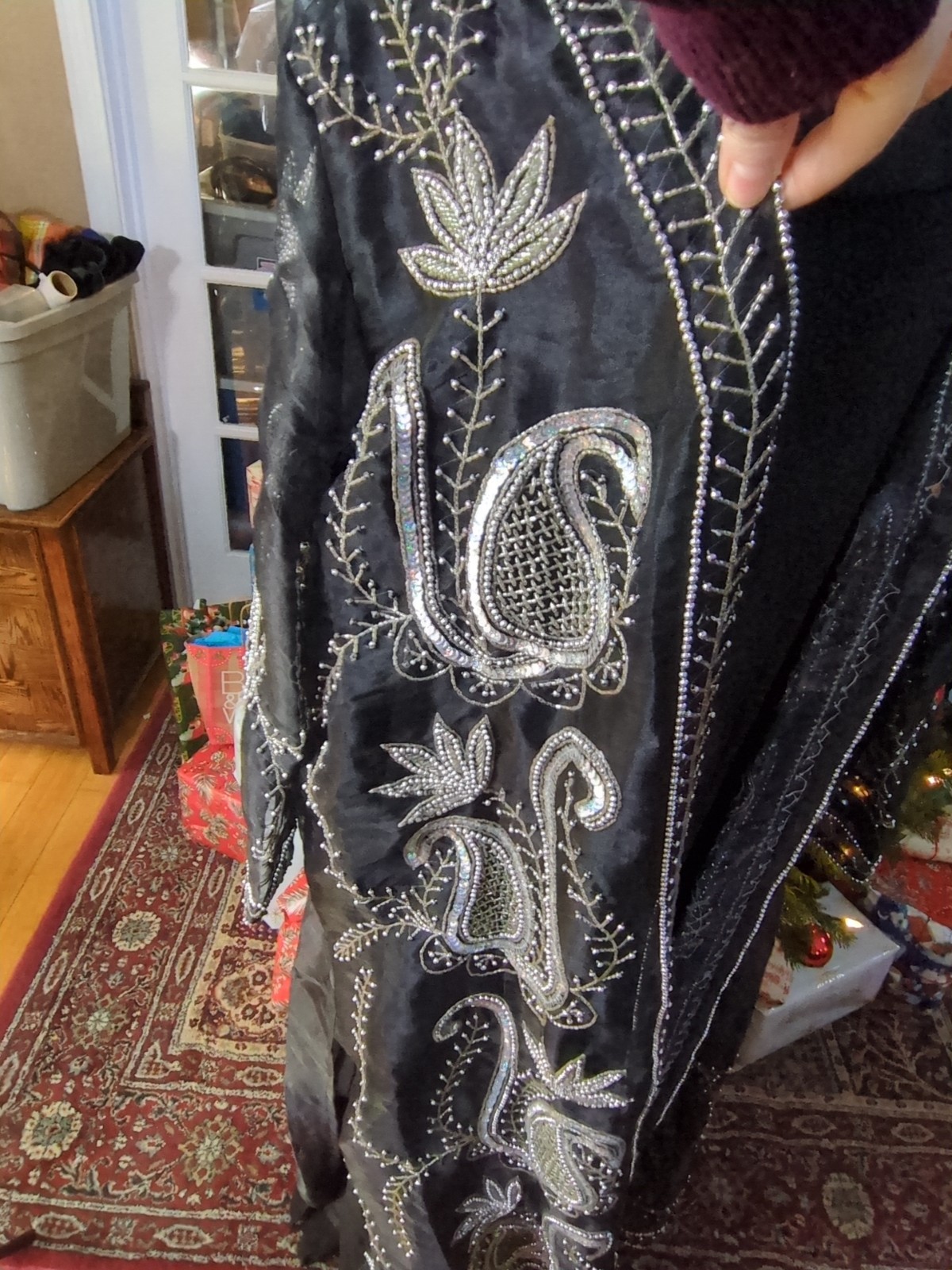 Vintage 80s Tan Chho Black Beaded Sequin Duster Dress 4 Piece Set, Women&rsquo;s 2X