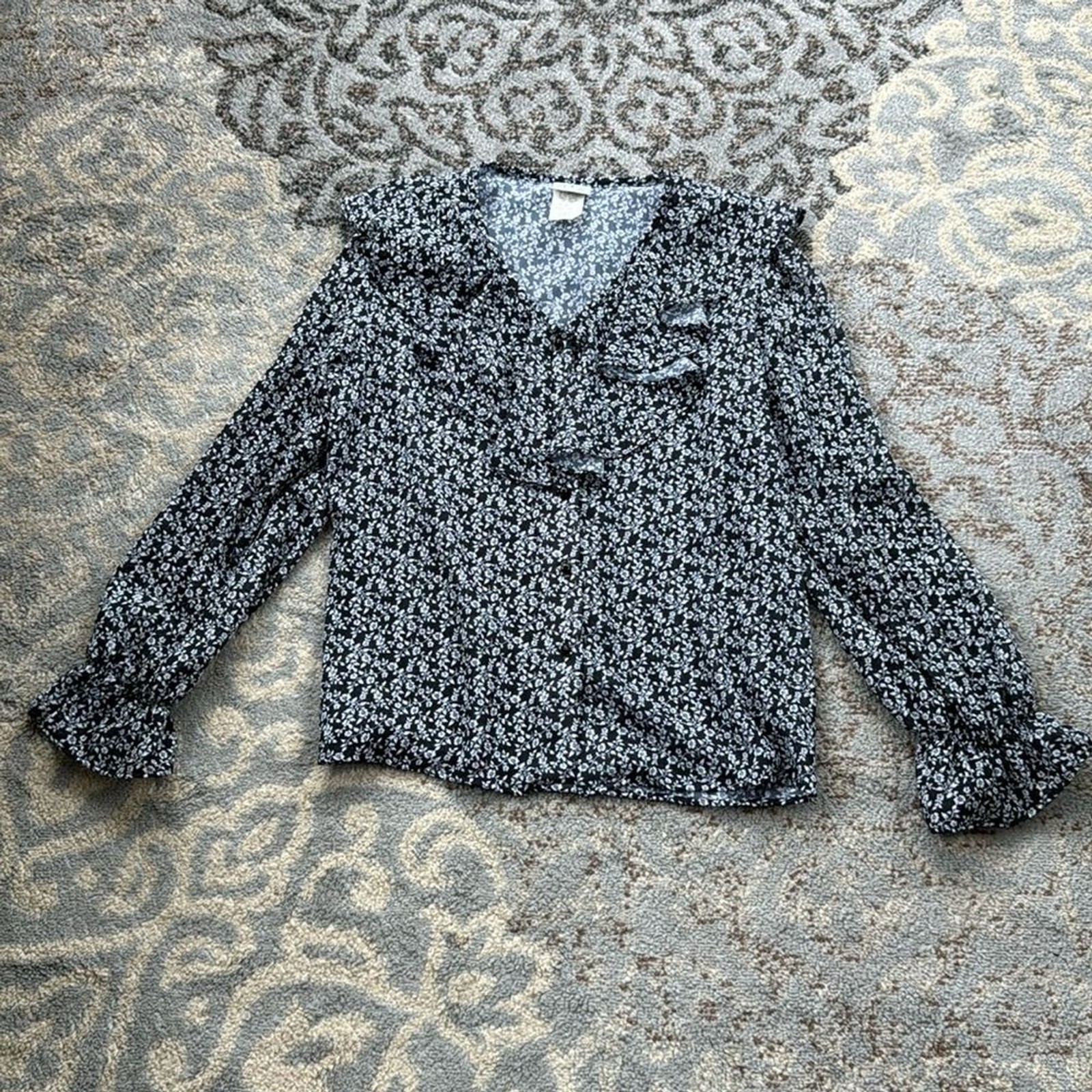 Vintage Style My Way Ruffle Floral Button Down Blouse Black White Large