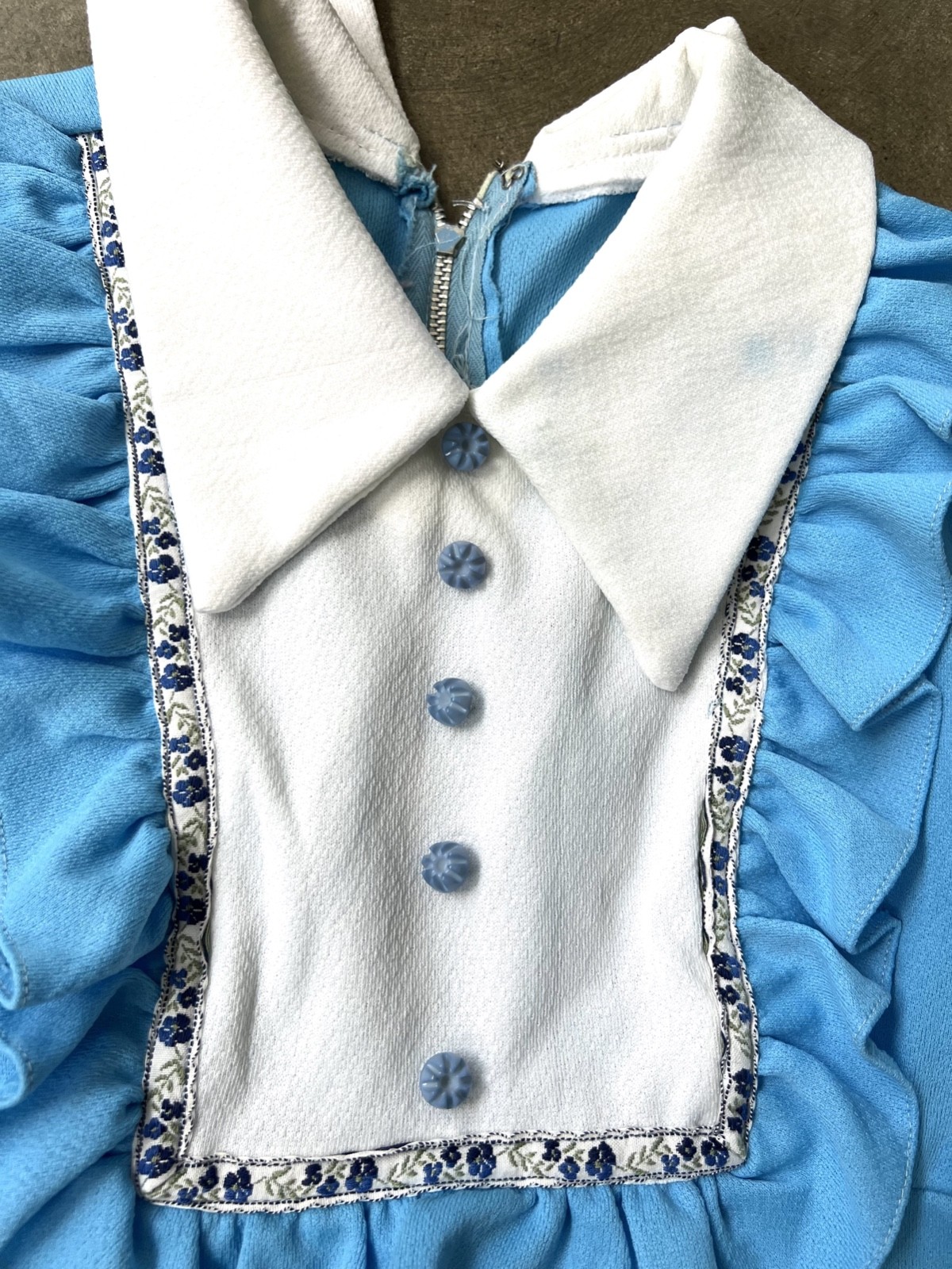 VTG 60s 70s Babydoll Pleat Mini Dress Blue White Ruffle Bib Collar Mod GoGo XS S