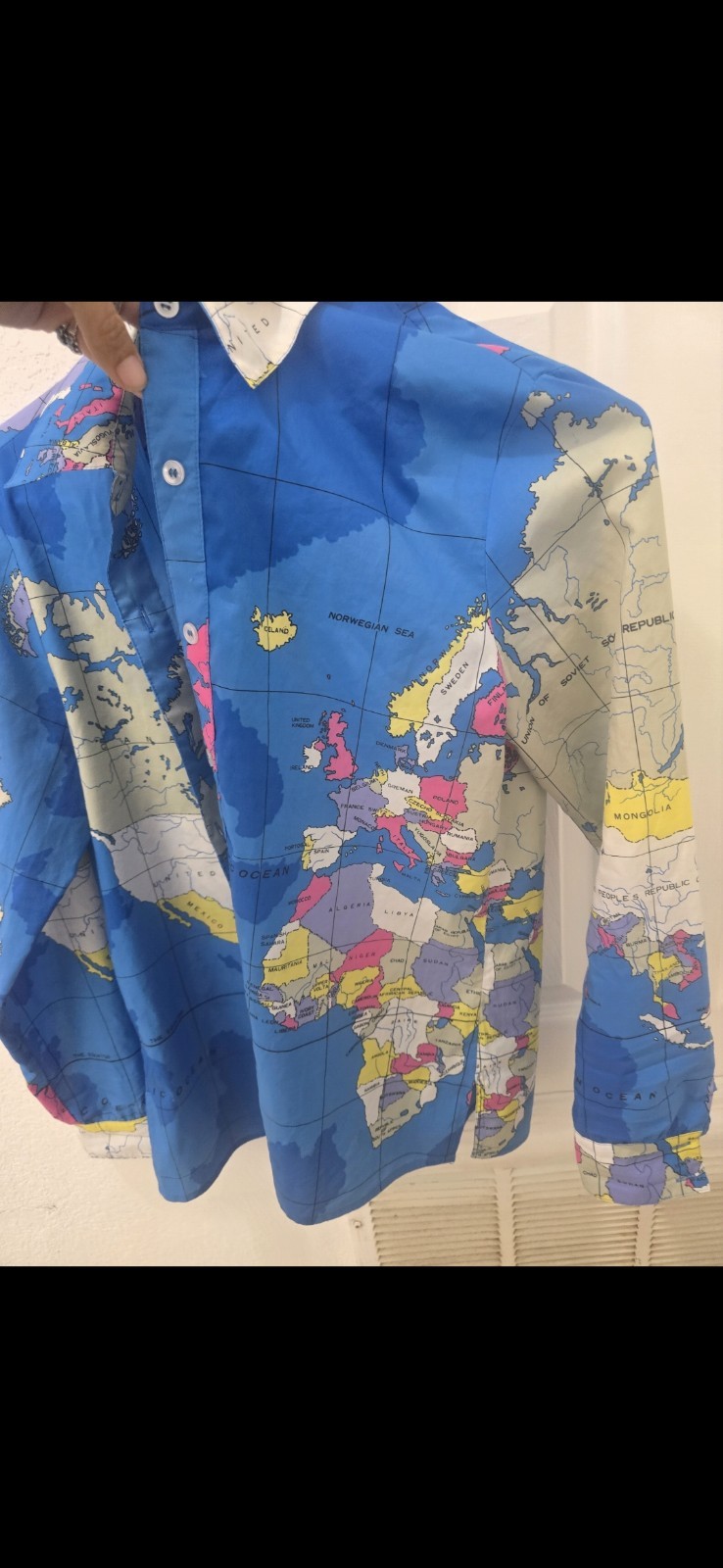 Vintage Womens Map Print Button Up Shirt King James Colorful Statement