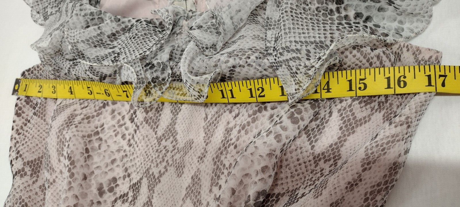Vintage 80s Gray Snakeskin Chiffon Dress Ruffles Flamboyant Dolly Busty Size S/M