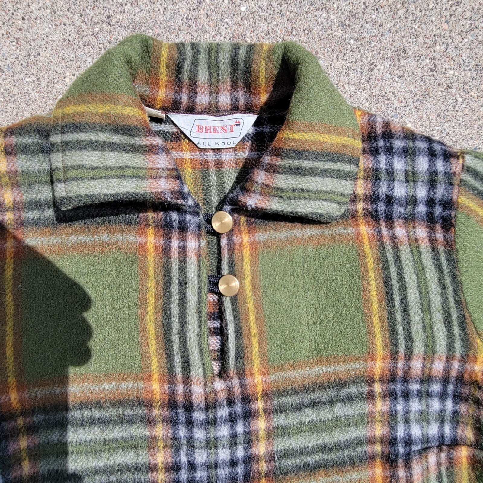 Vintage 50s 60s Brent 100% Wool Loop and Button Olive Plaid Pointed Hem Pullover