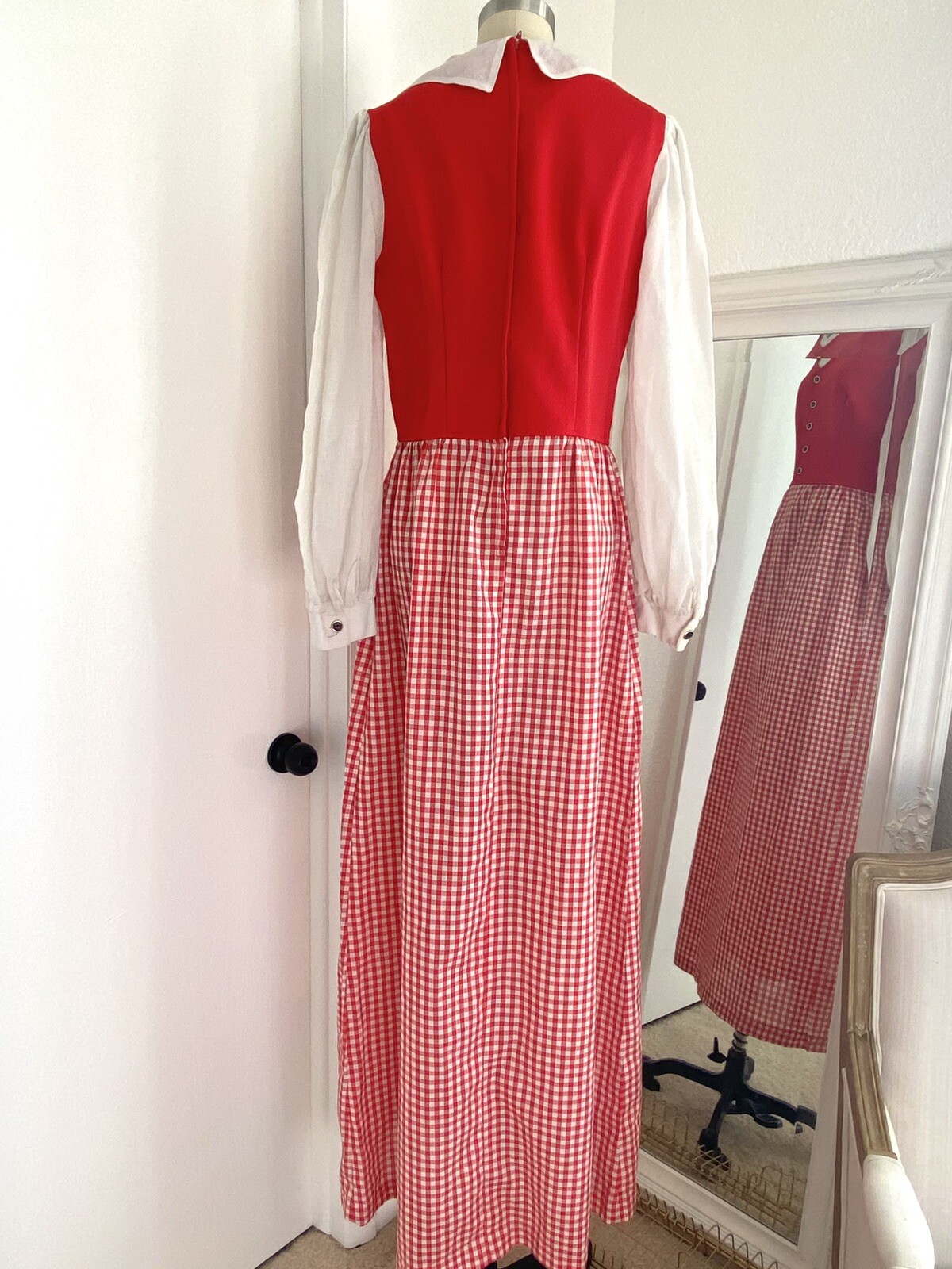 Vintage 70s Red Gingham Long Maxi Floor Gown Oversized Collar Boho Cottage Core