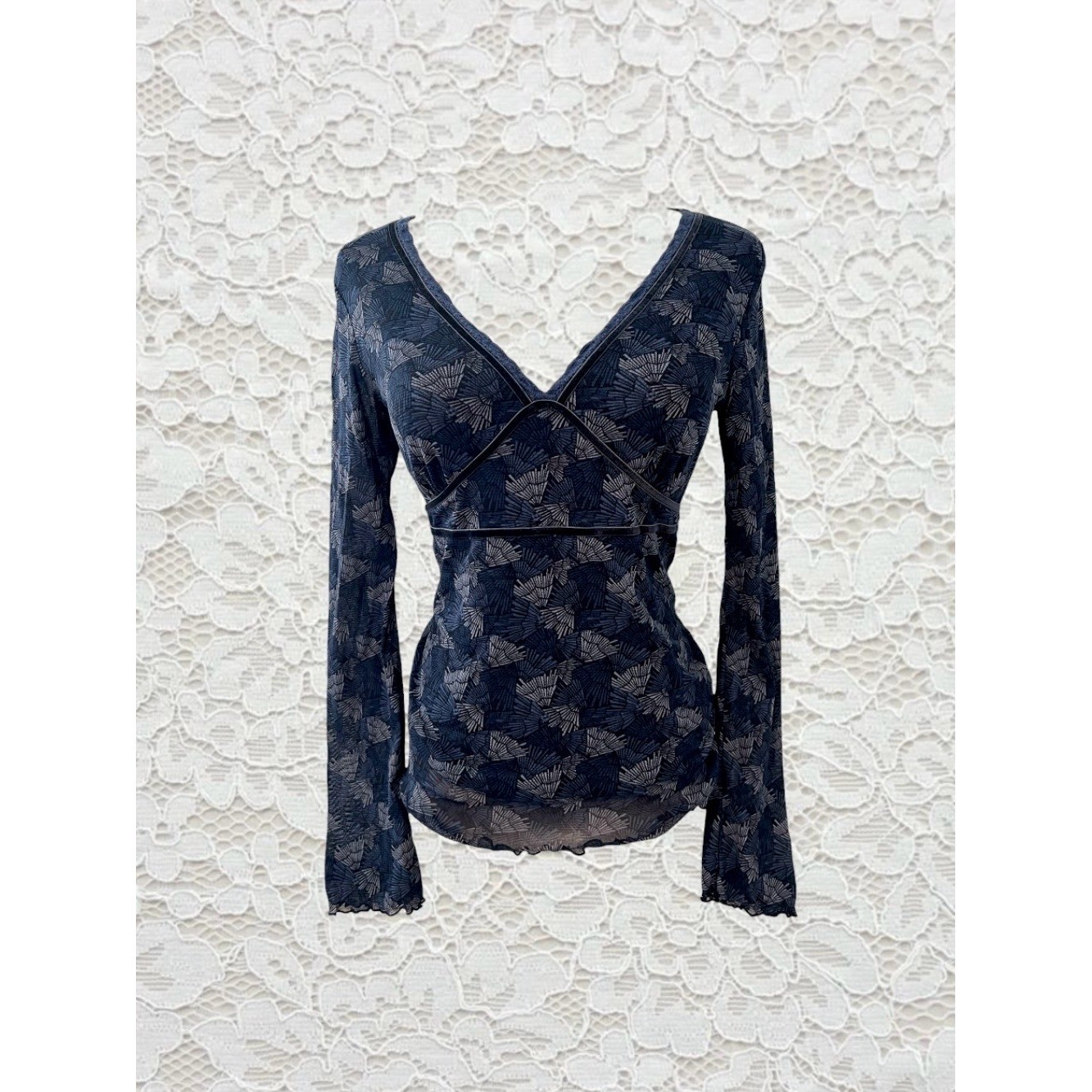 vintage 90s navy blue patterned babydoll mesh top with lace and velvet trim