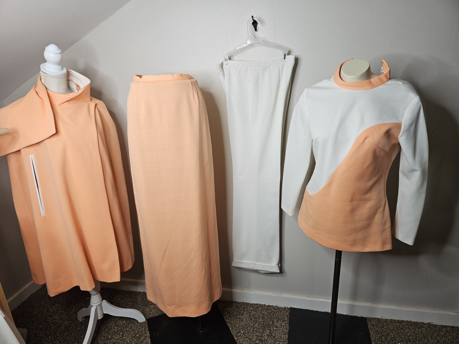 60s 70s Vtg Womens 4pc MCM Mod Go-Go Orange Colorblock Double Knit Ensemble