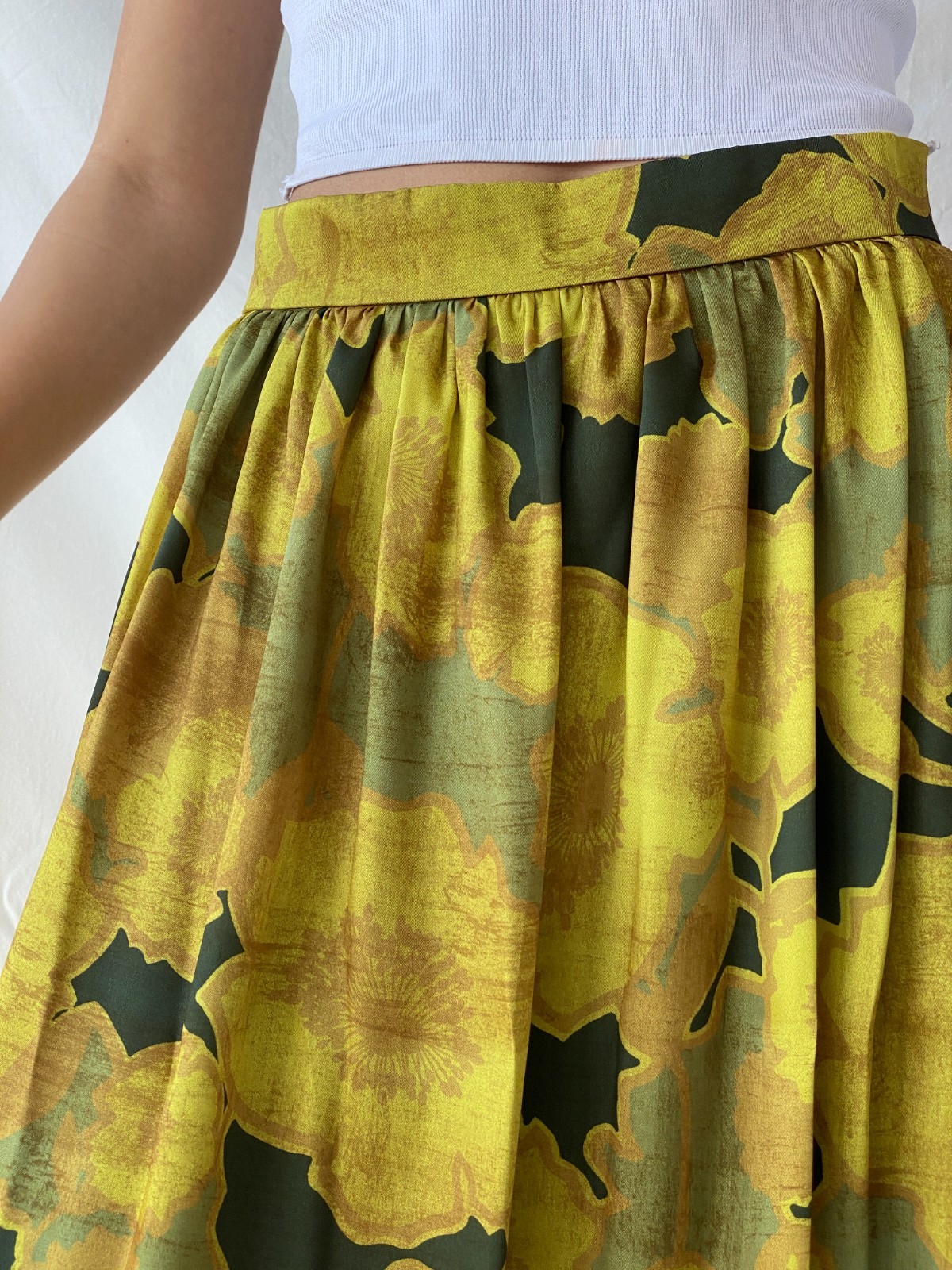 Vintage La Fée Maraboutée Yellow & Green Floral Midi Romantic Botanical Skirt M
