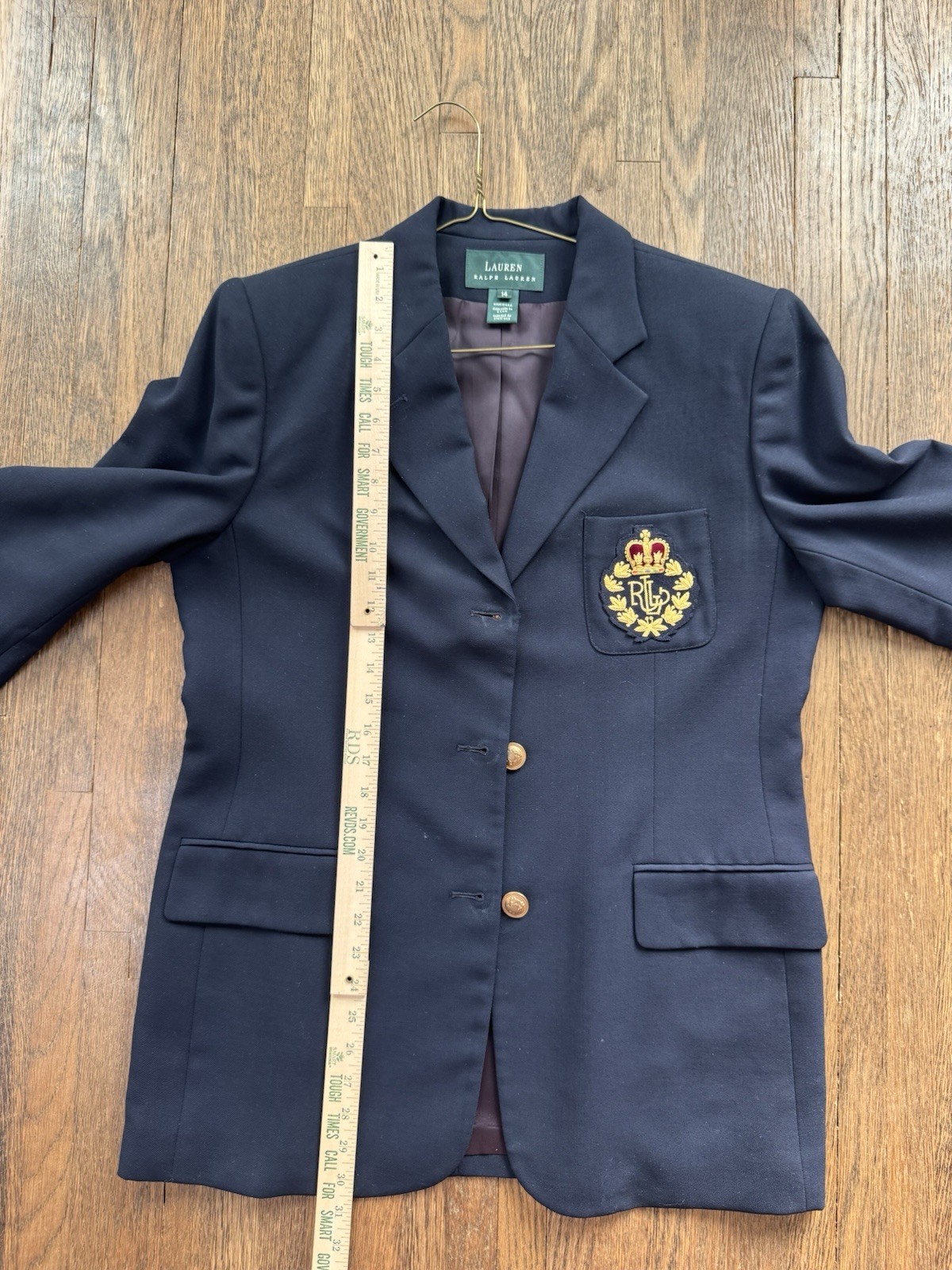Lauren Ralph Lauren Crest Blazer Jacket 14 Navy Blue Wool Vintage Made In USA