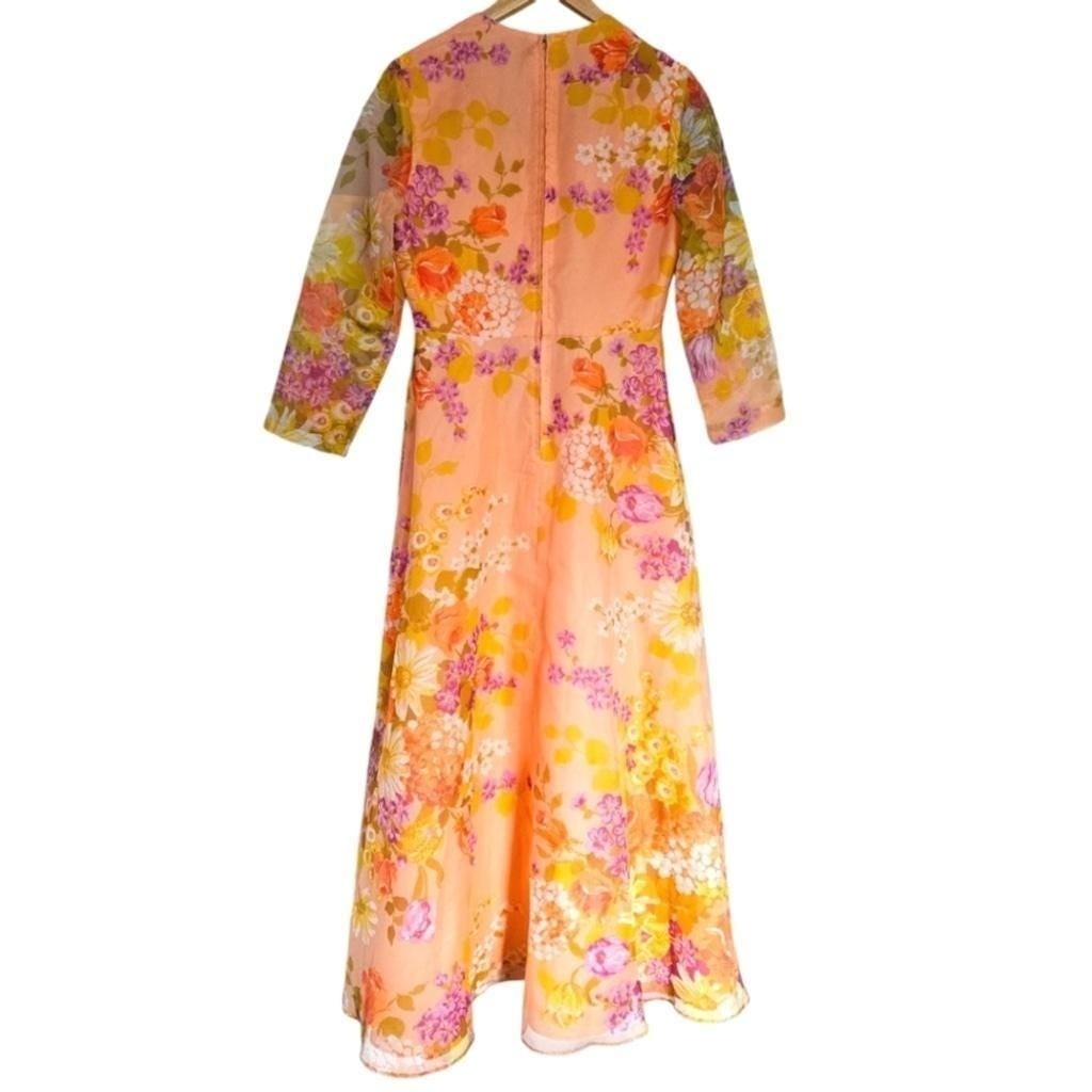Vintage 70s Formal Floral Peach Long Sleeve Dress Deadstock Jac An Juniors 15/16