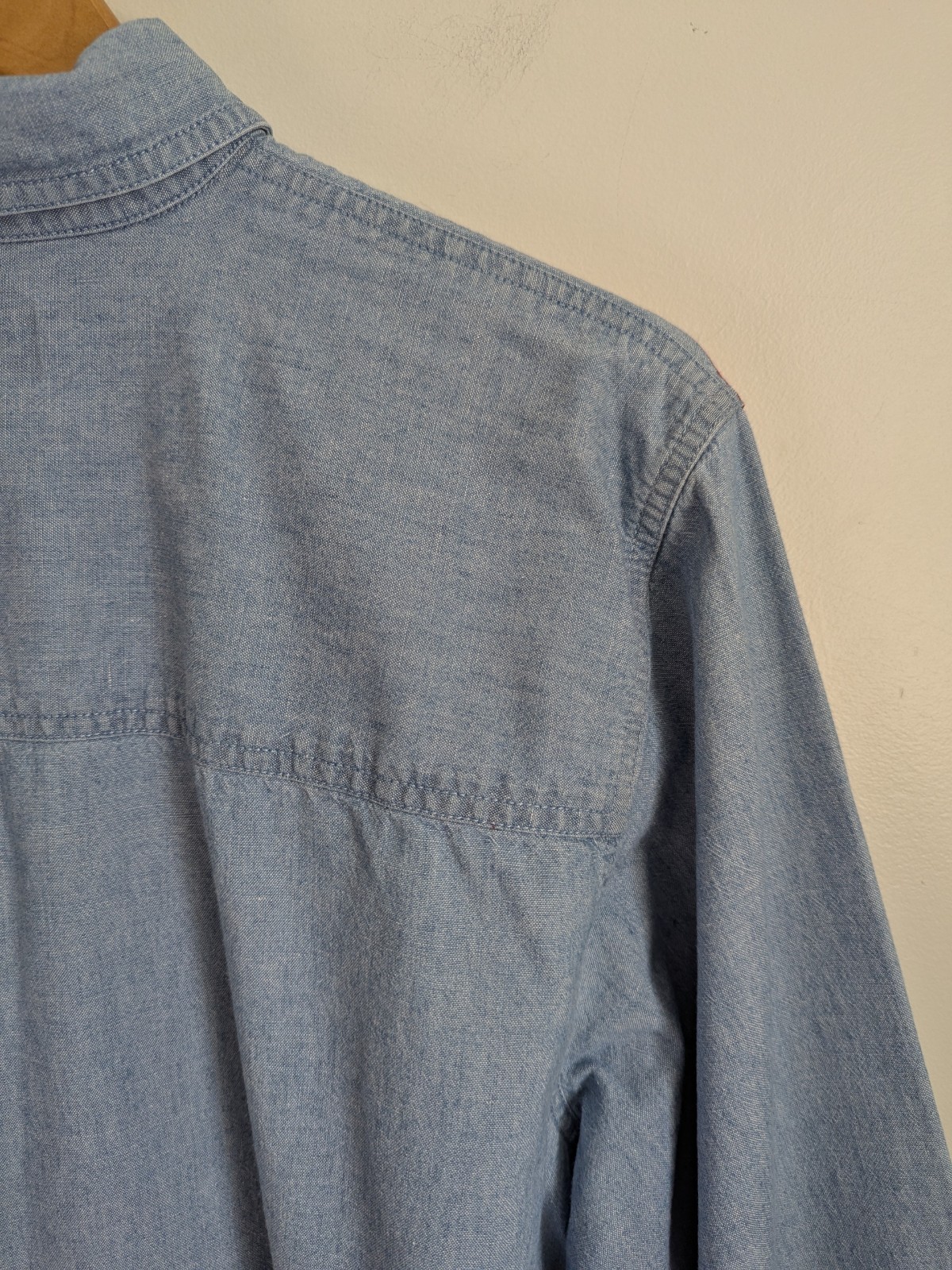 90s Womens Blue Chambray Shirt Aztec Tribal Boho 16P Western Cowgirl Button Up