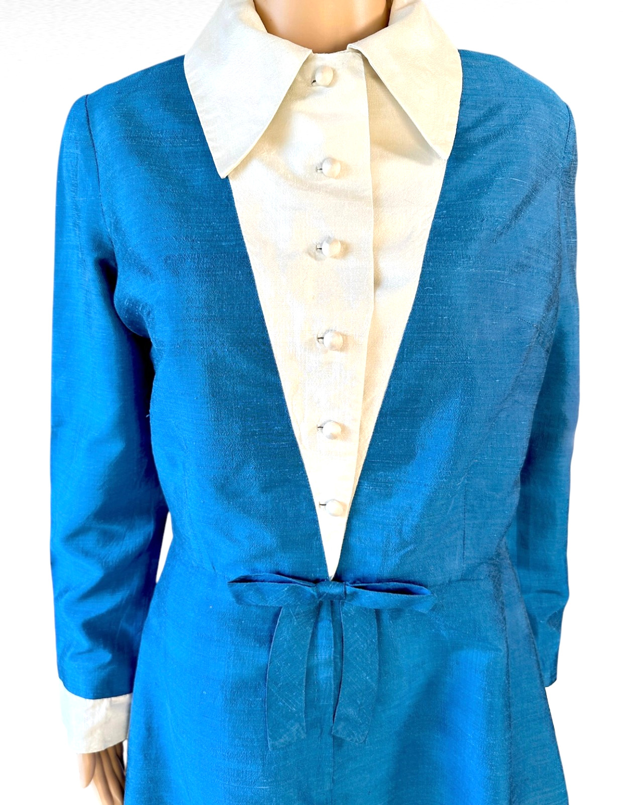Luxury Vintage 1960s Blue Silk Dress Tailored in Bangkok EXC COND 10-12