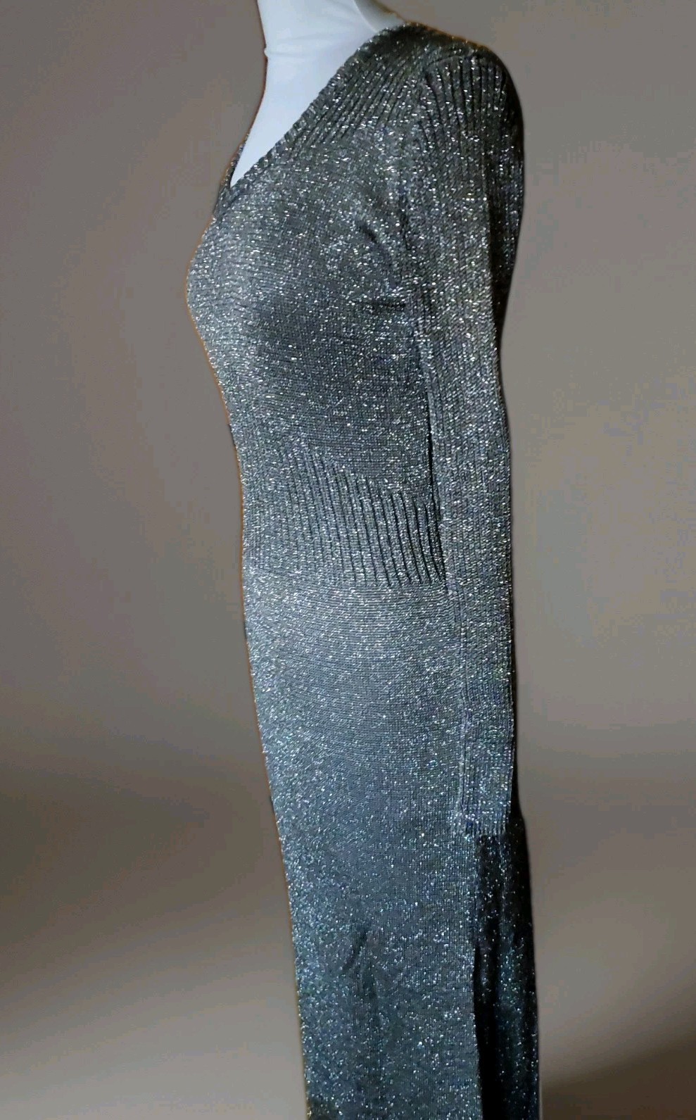 Vint 70&rsquo;s Studio 54 SILVERY METALLIC LUREX Knit V NECK Maxi Dress M HONG KONG