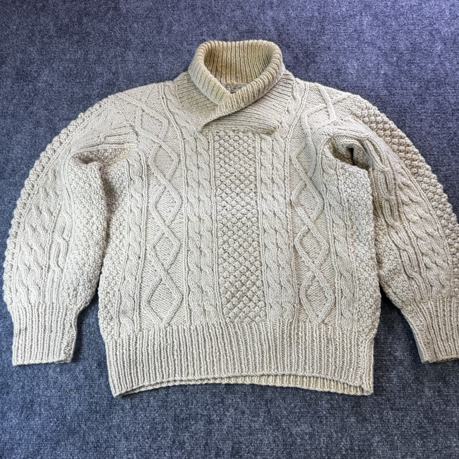 VINTAGE 60s 70s Fisherman Sweater Wool Ivory M Cable Knit Chunky Heavy
