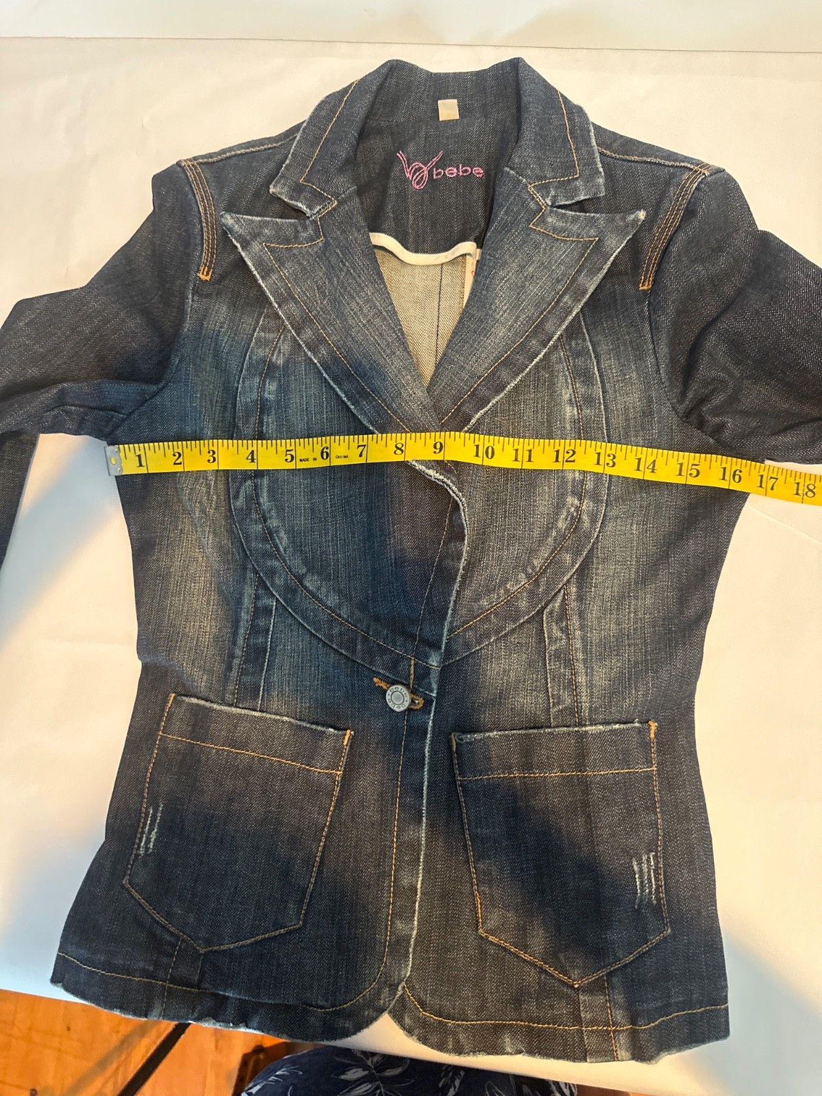 Bebe Vintage 2000s Y2K denim jacket blazer in dark wash and snatched waist