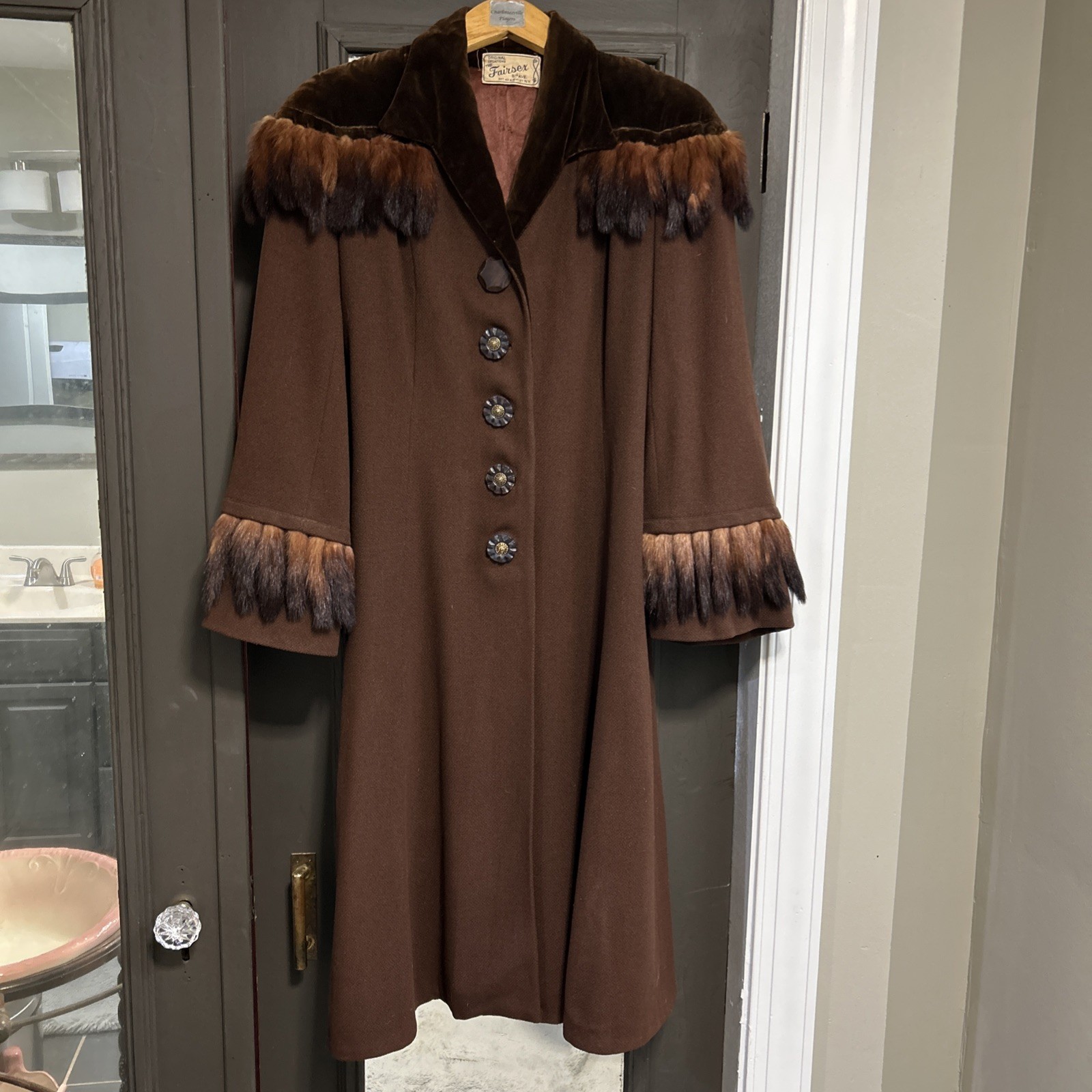 Vintage Fairsex 5th Ave Real Mink Tail Fur Full Length Coat Wool Velvet Satin