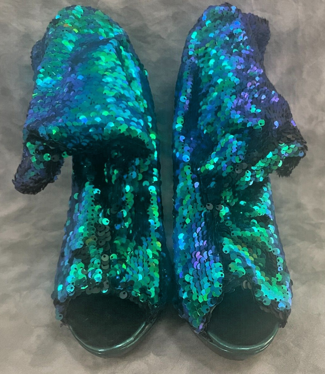 2010s Vtg Mermaid Sequin Bomber Jacket & Boots « RARE SET » Blue Green Glam ✨🔥