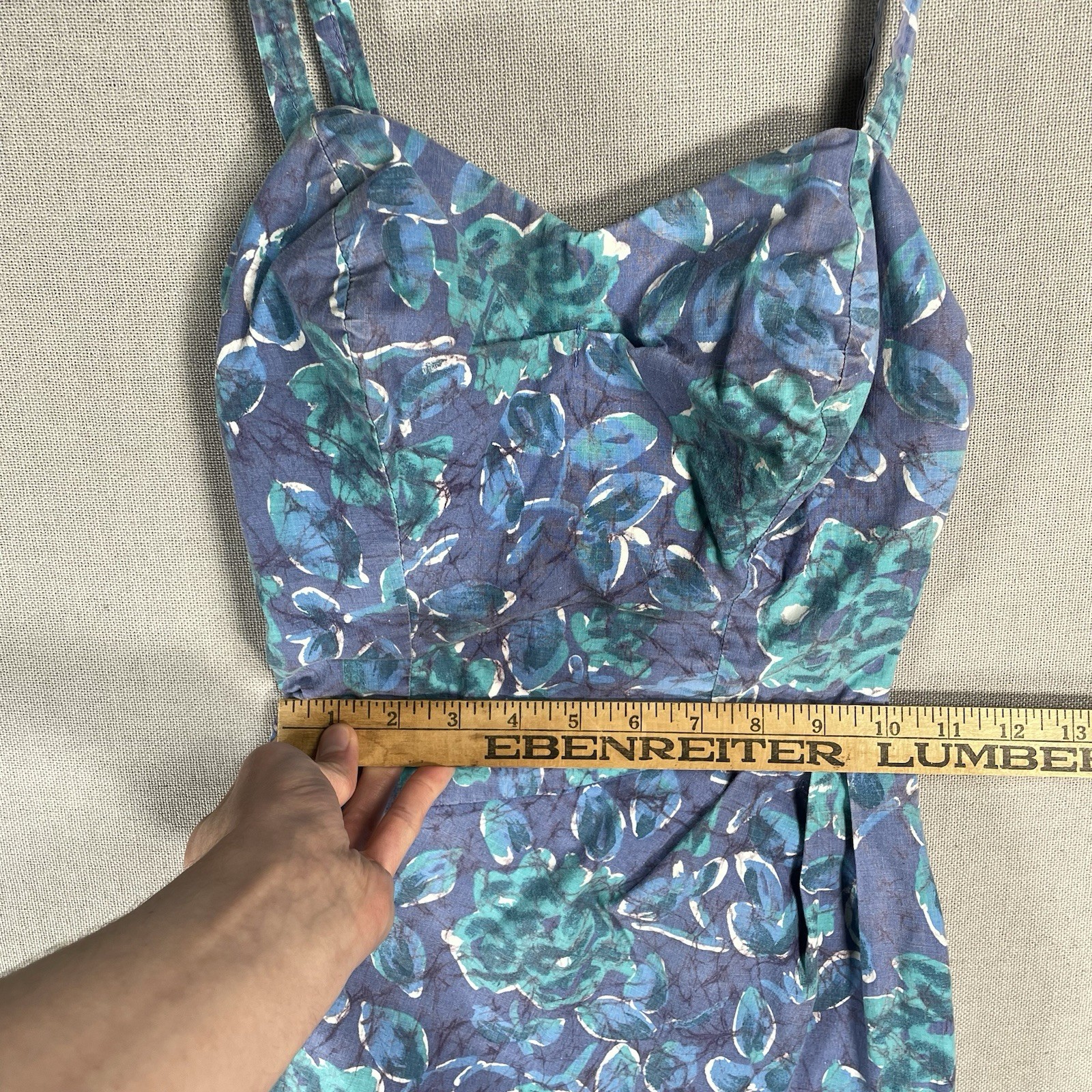 VINTAGE 50s Cotton One Piece Bathing Swimsuit Womens XS Blue Floral Pinup