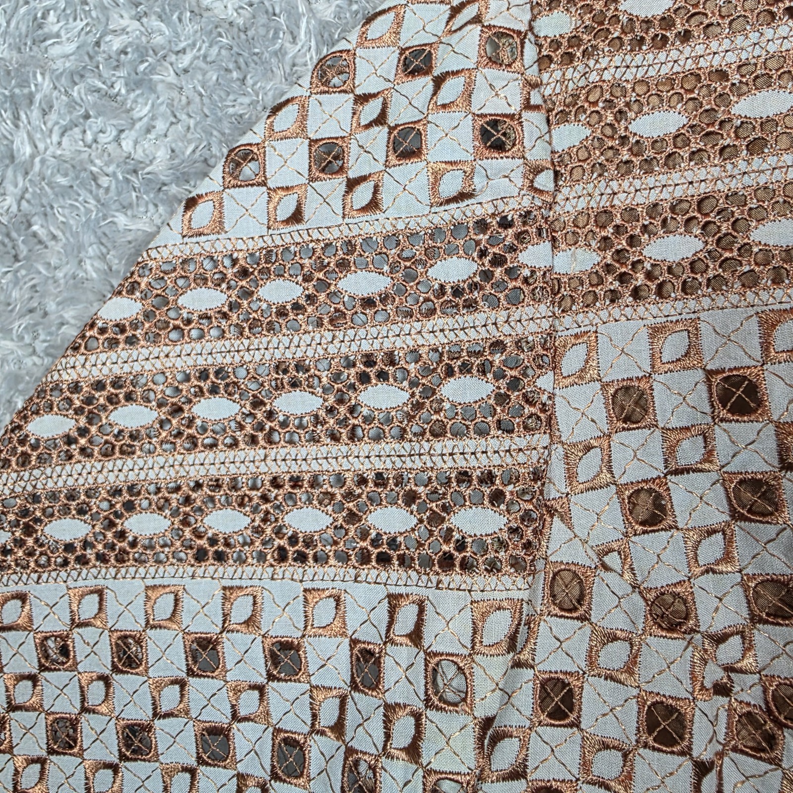 Vtg 70s Guipure Lace V-Neck Top Copper Geometric Cutwork Boho Scalloped Peplum M