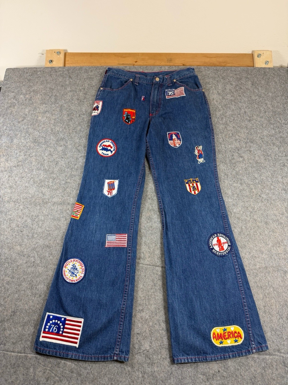 Vintage 70s Wrangler Buckle back Patchwork Jeans Rare USA Patches Size 27×30