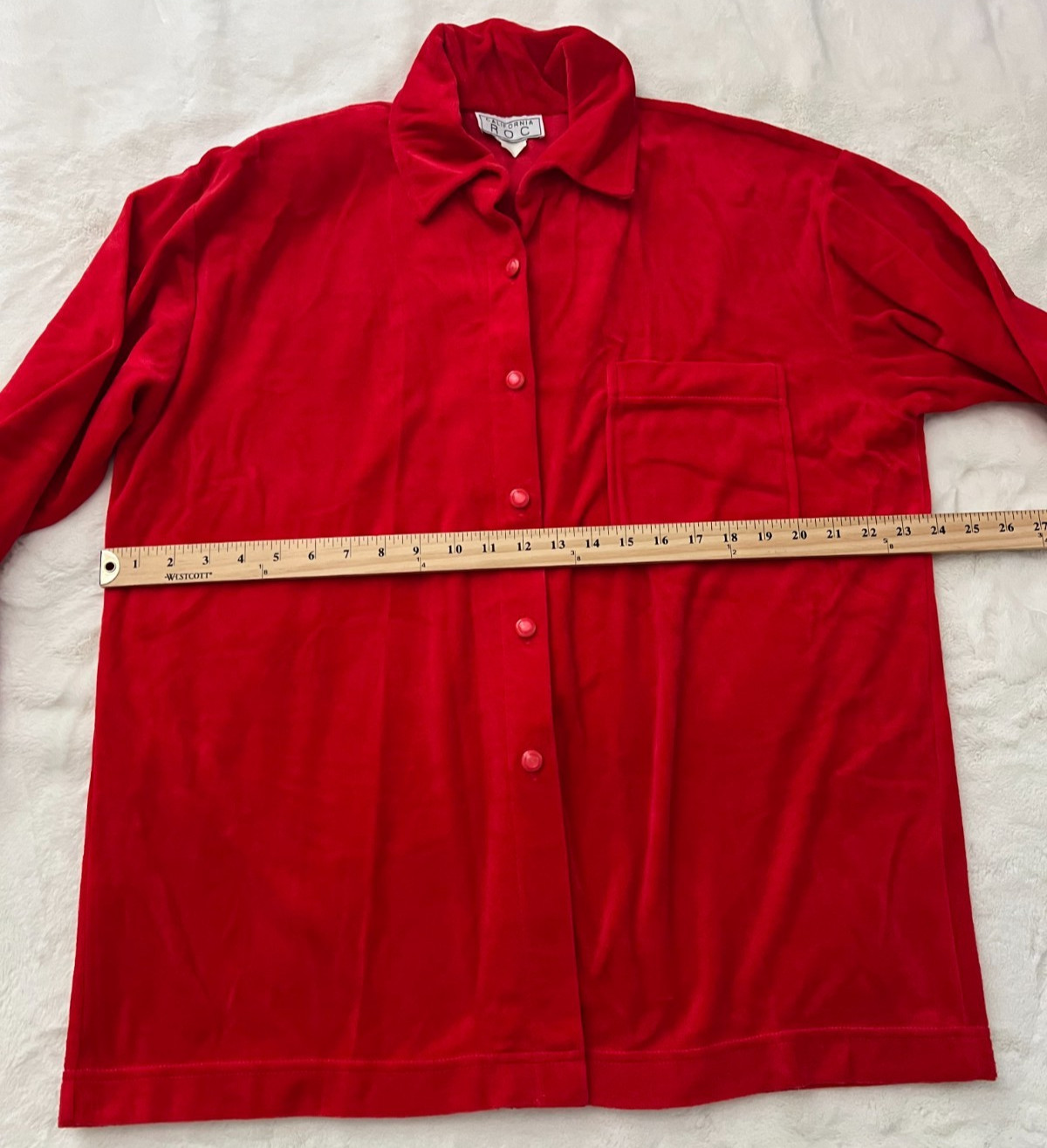 Vintage California Roc Red Velour Long Sleeve Button Front Blouse Womens Top L