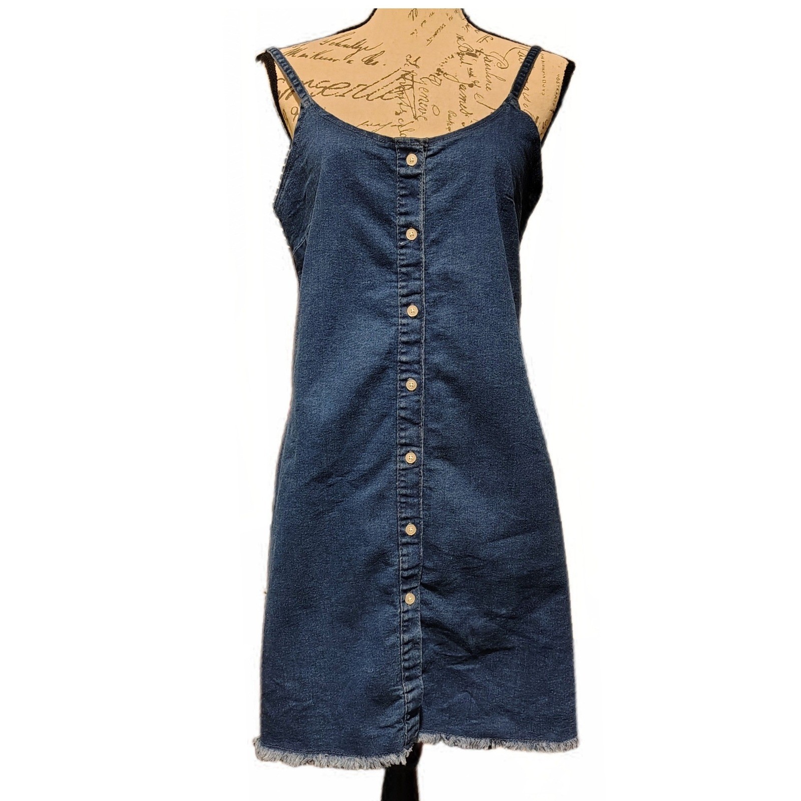 Denim Mini Dress XL Button Front Frayed Hem Dark Wash 90s Nostalgia Country Y2K
