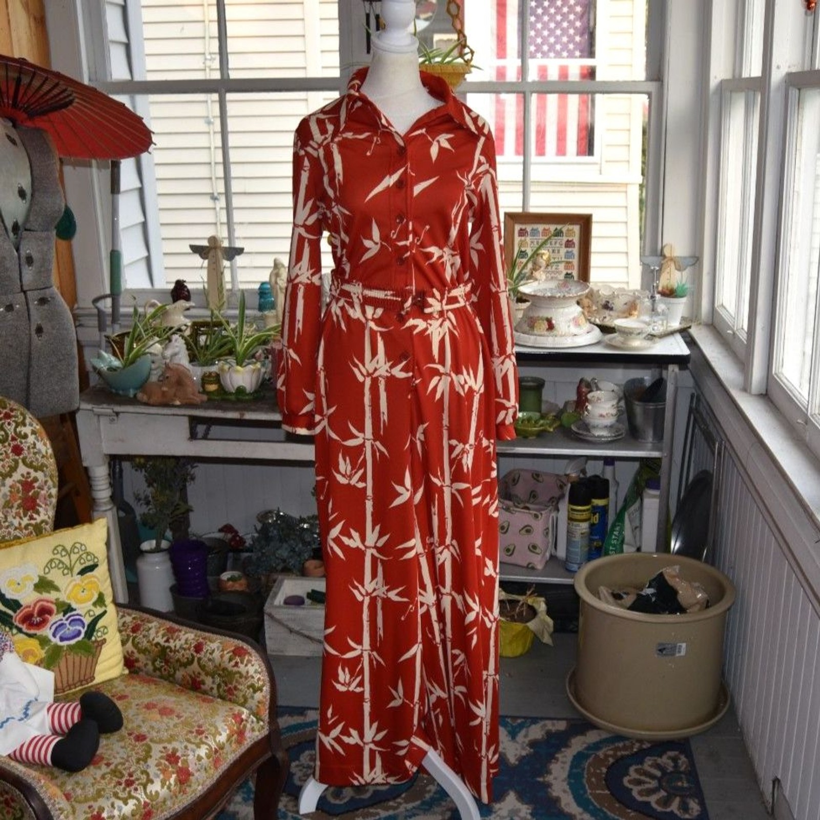Vintage 70s Bamboo Print Jumpsuit Women&rsquo;s M Rust Cream Wide Leg Disco