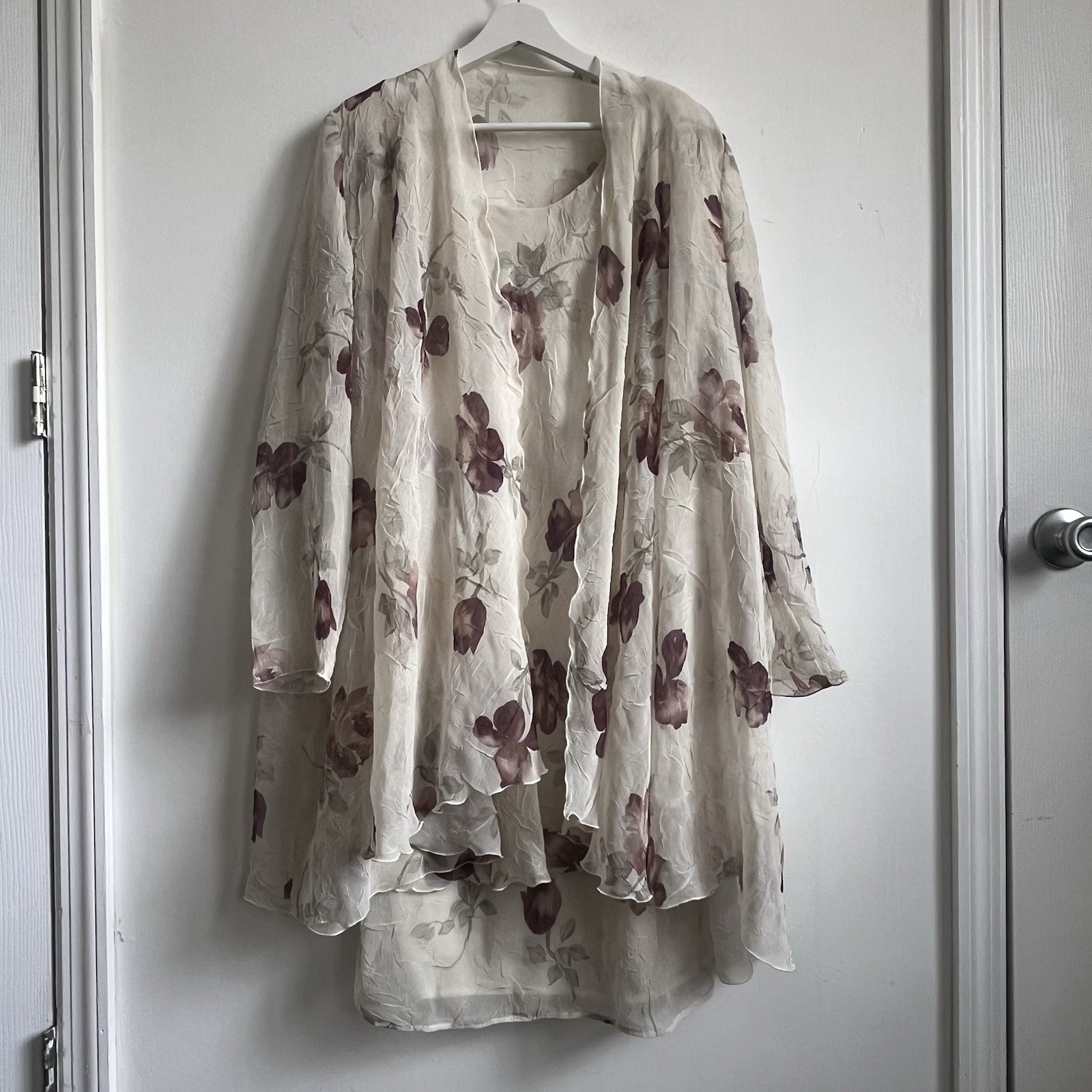 Vtg Jeffrey & Dara Translucent White Floral Open Jacket & Dress Set Size 8 Weddi