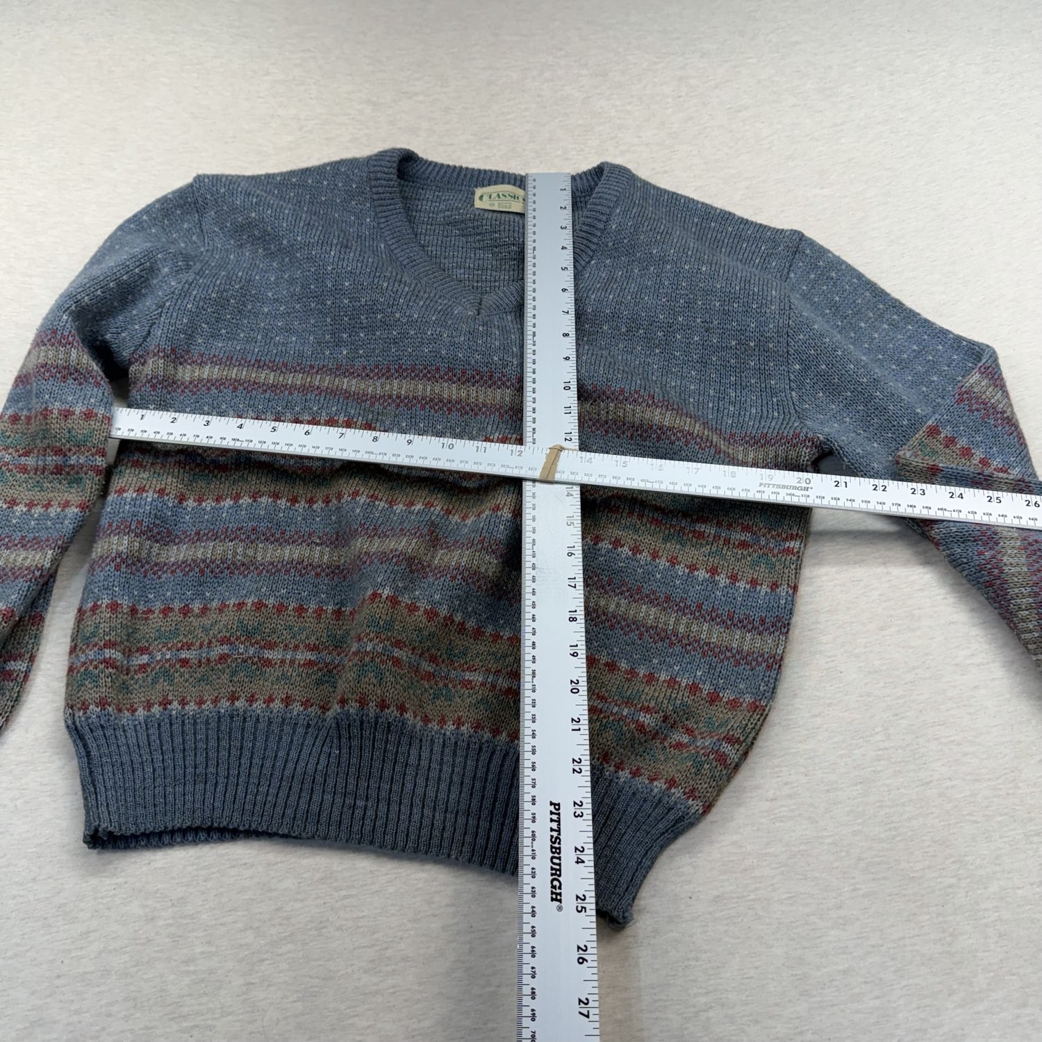 vintage Sears Classics Wool Sweater Men&rsquo;s XL Fair Isle V Neck Blue Knit
