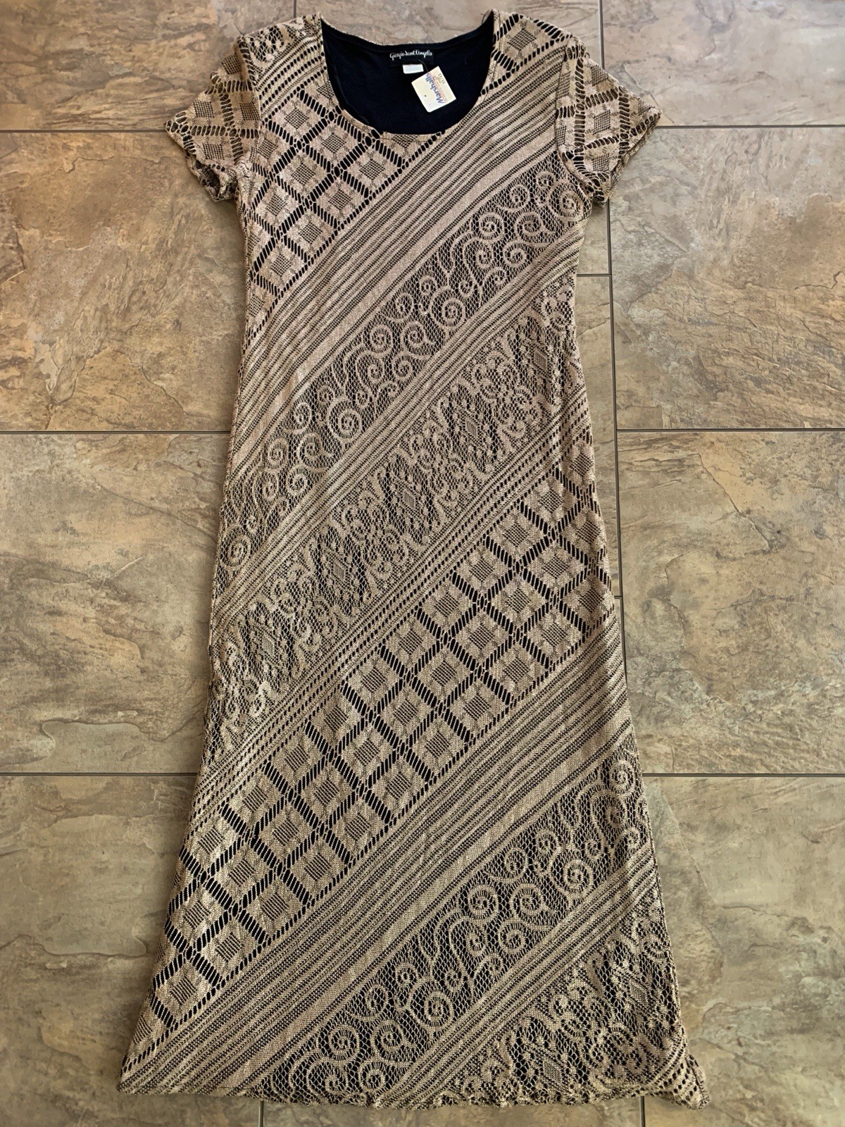 GIORGIO SANT ANGELO Womens 11/12 Vintage Black Beige Lace Crochet Maxi Dress NWT