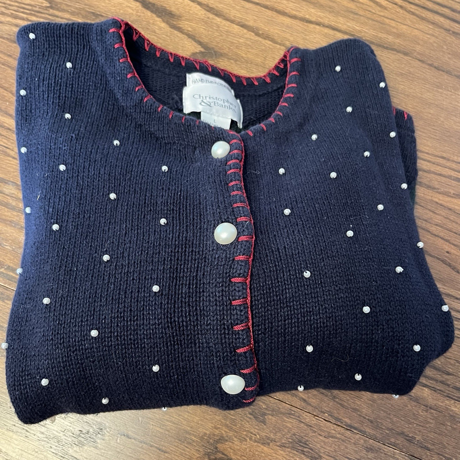 VTG Christopher & Banks Christmas Hand Embroidered Snowman Beaded Cardigan L