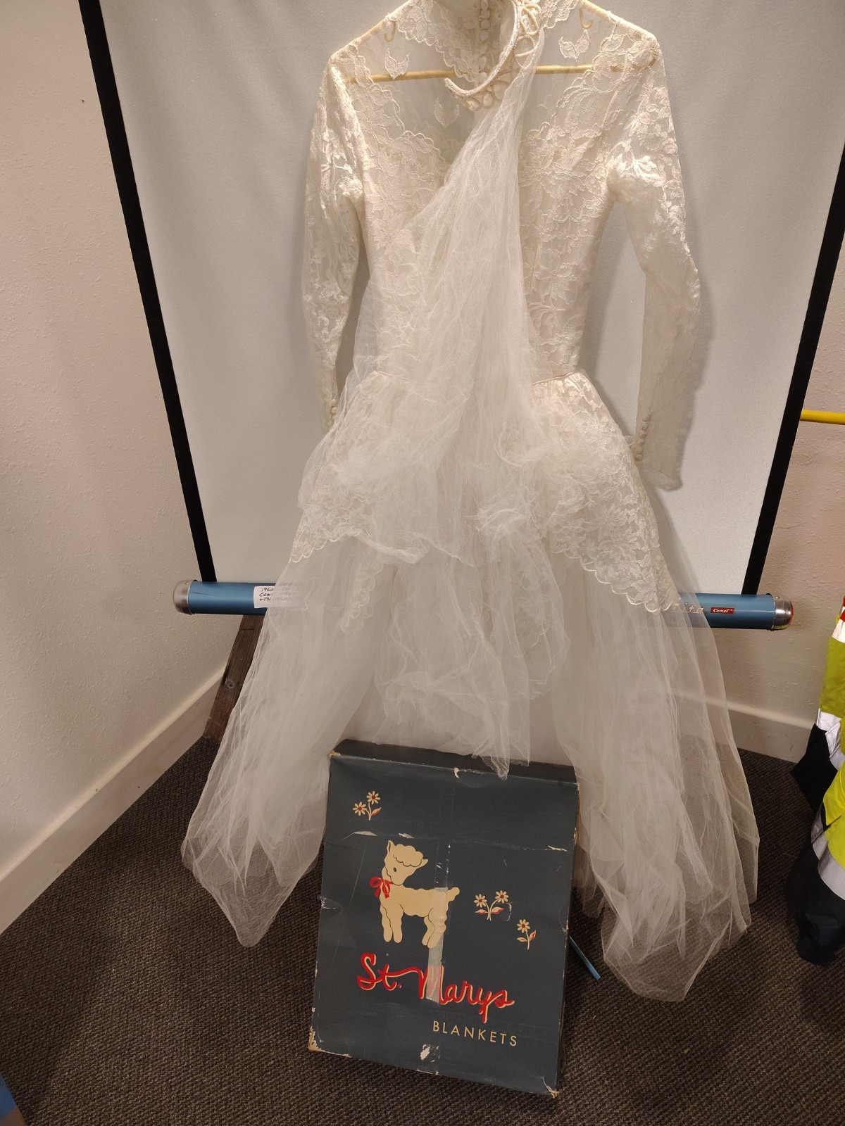 Mid 1950s Woman&rsquo;s Wedding Dress Vintage. With Vintage St Mary&rsquo;s Blanket Box.