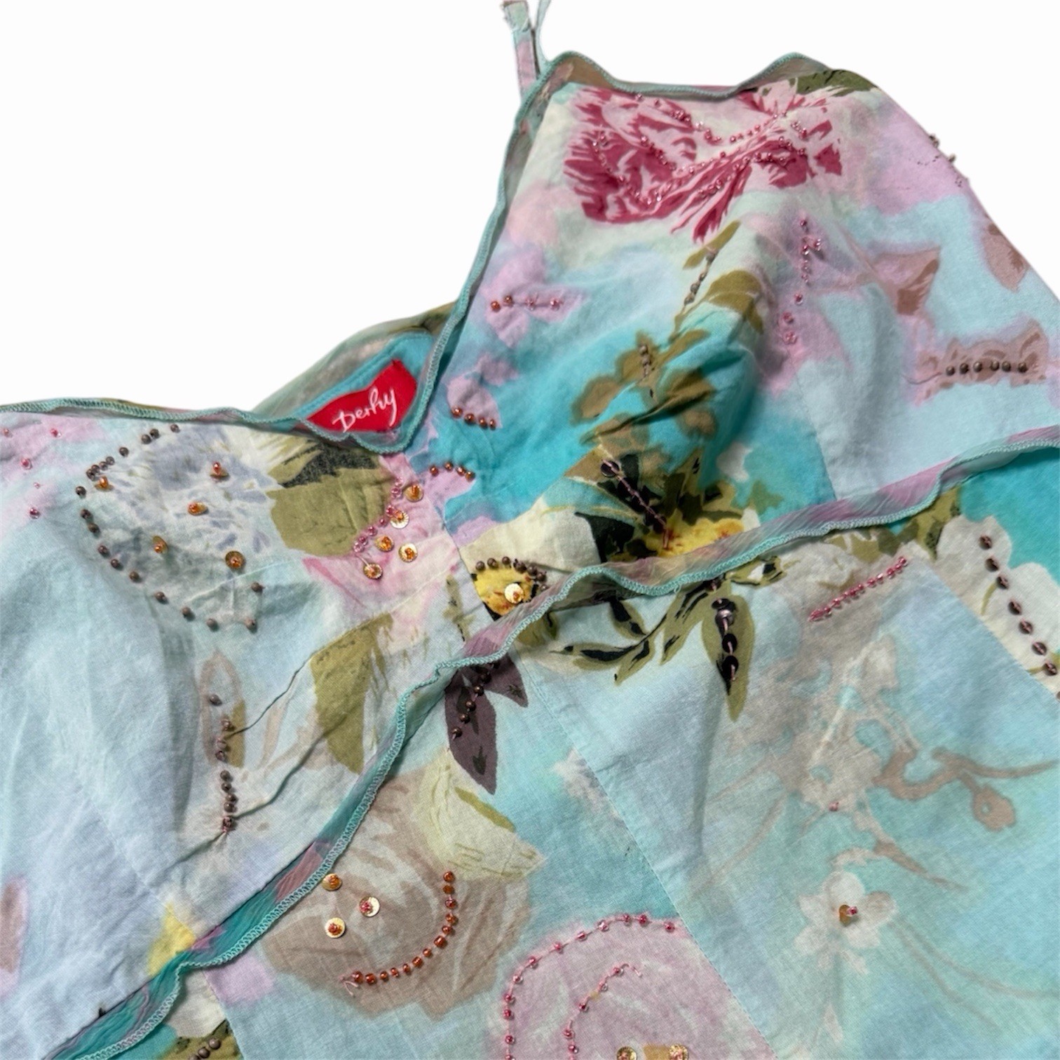 Vintage René Derhy Floral Aqua Fairy Dress Beaded Embellished Cottagecore Y2K