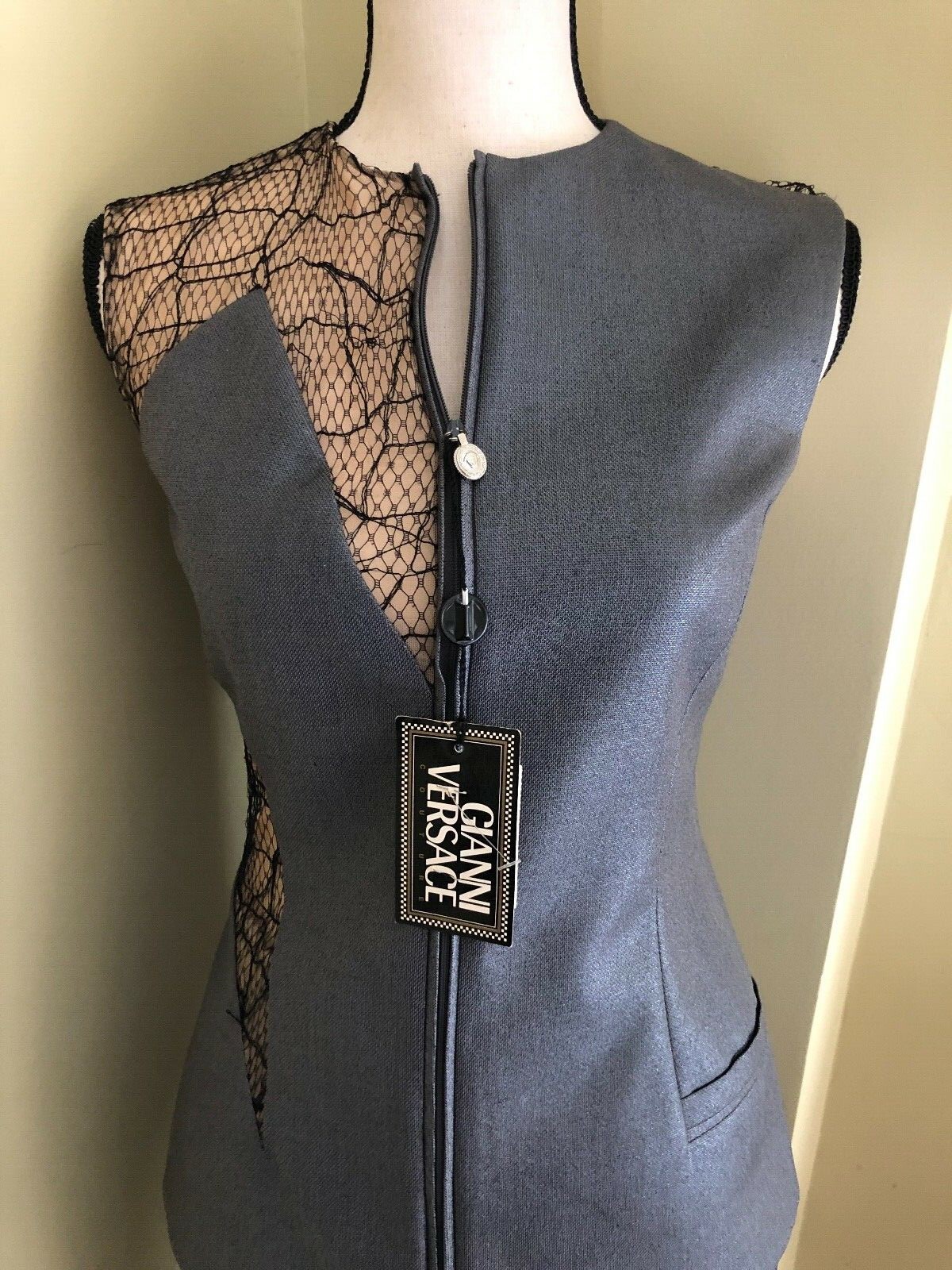 NWT RARE GIANNI VERSACE COUTURE GREY METALLIC MESH PANT SUIT (Size 40 IT)