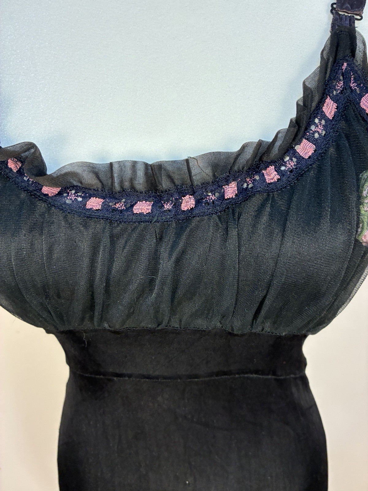 Vintage Unbranded Nylon Ribbon Rose Milkmaid Midi Dress Slip Goth Black Pink S